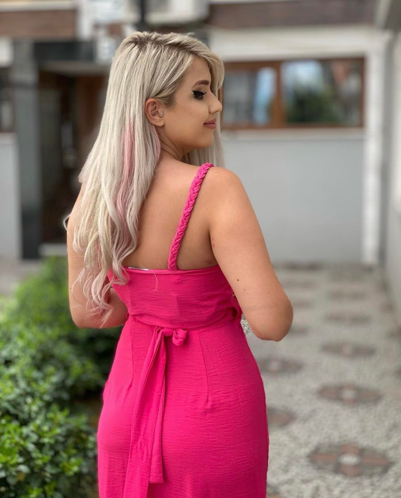 Örgü Detay Pembe Anvelop Elbise