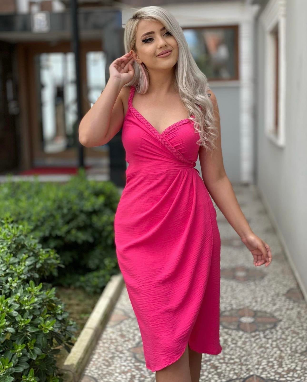 Örgü Detay Pembe Anvelop Elbise