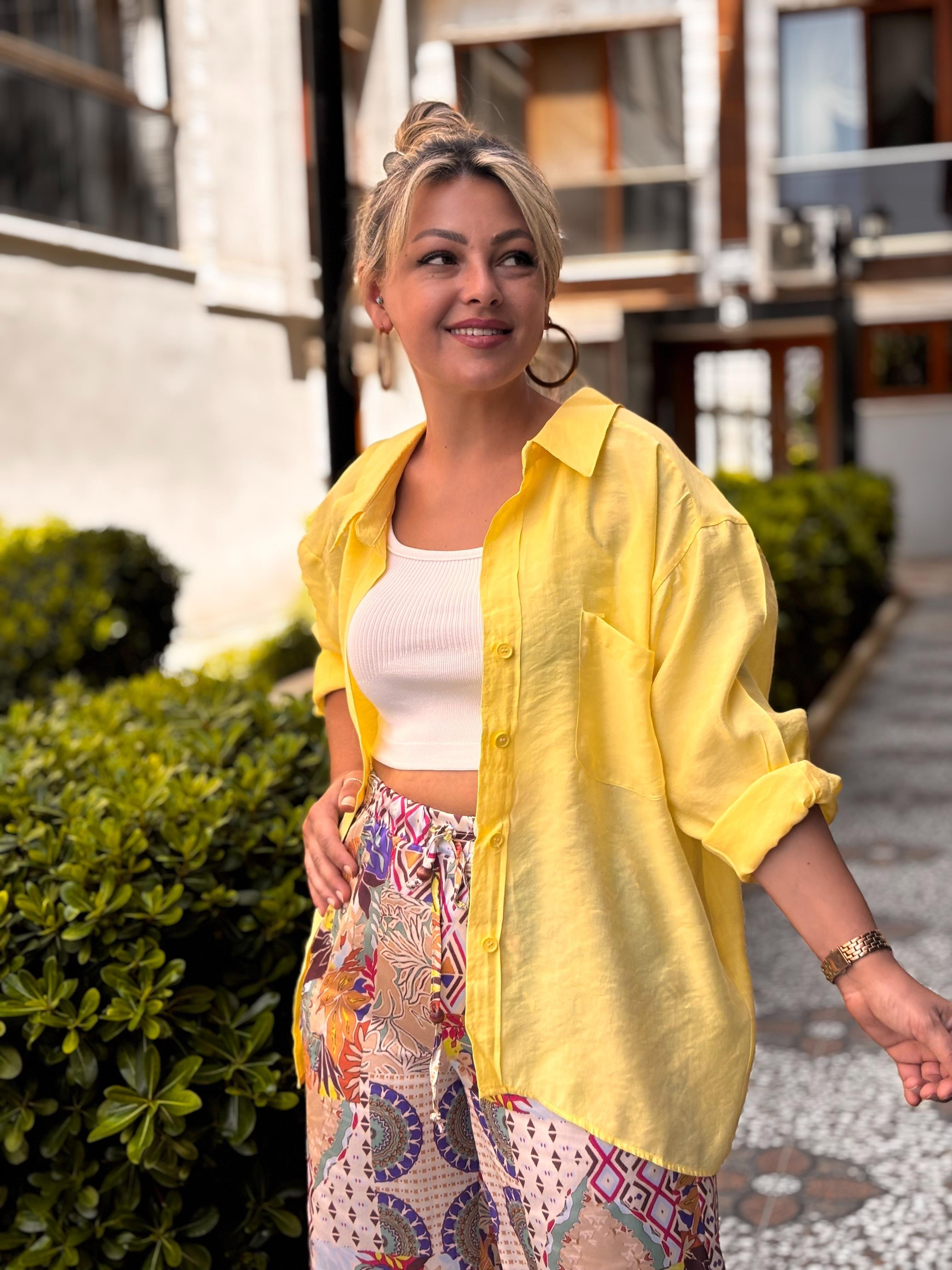 Oversize Ayrobin Keten Sarı Gömlek