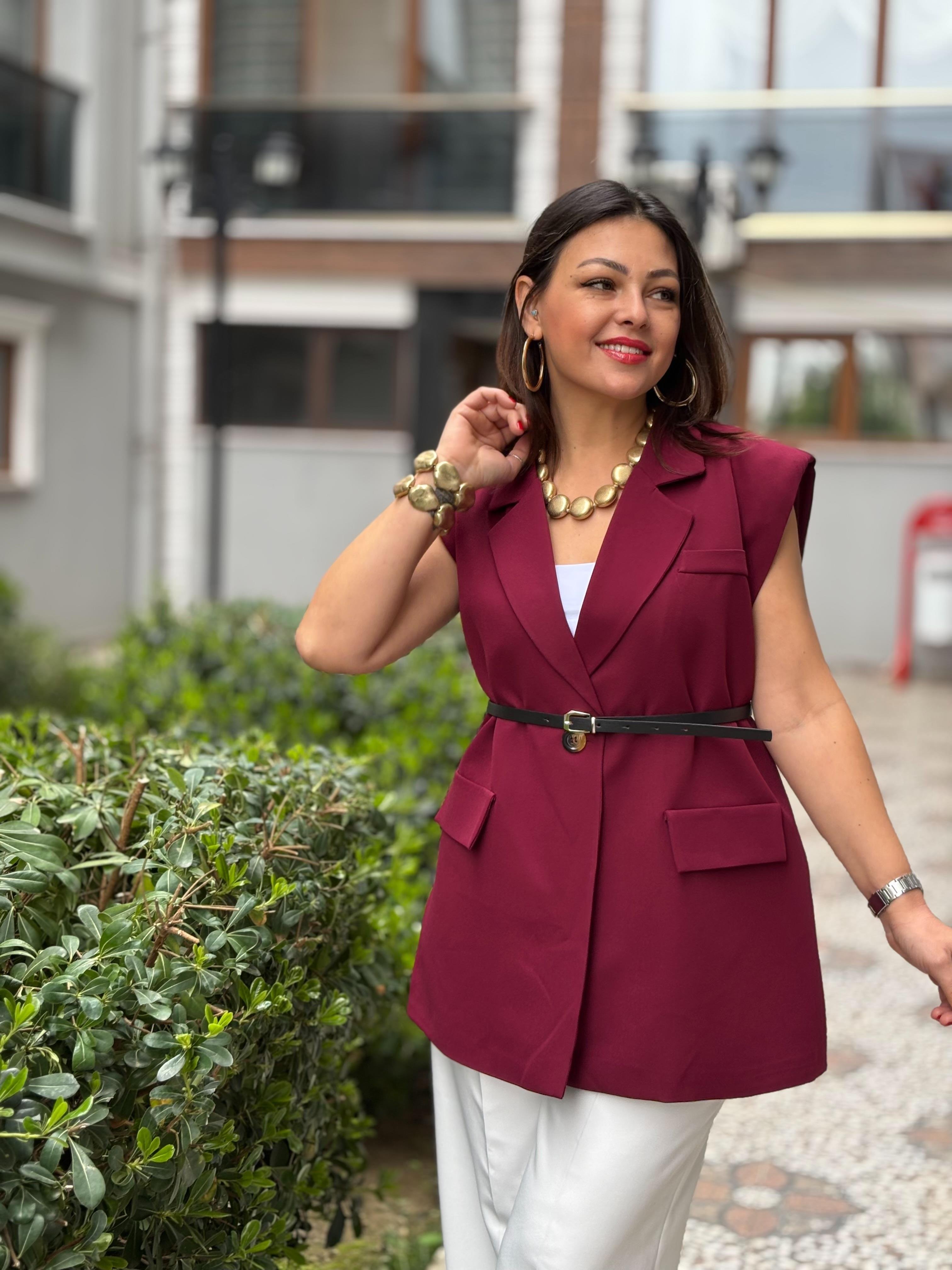 Oversize Omuz Vatkalı Yelek Bordo