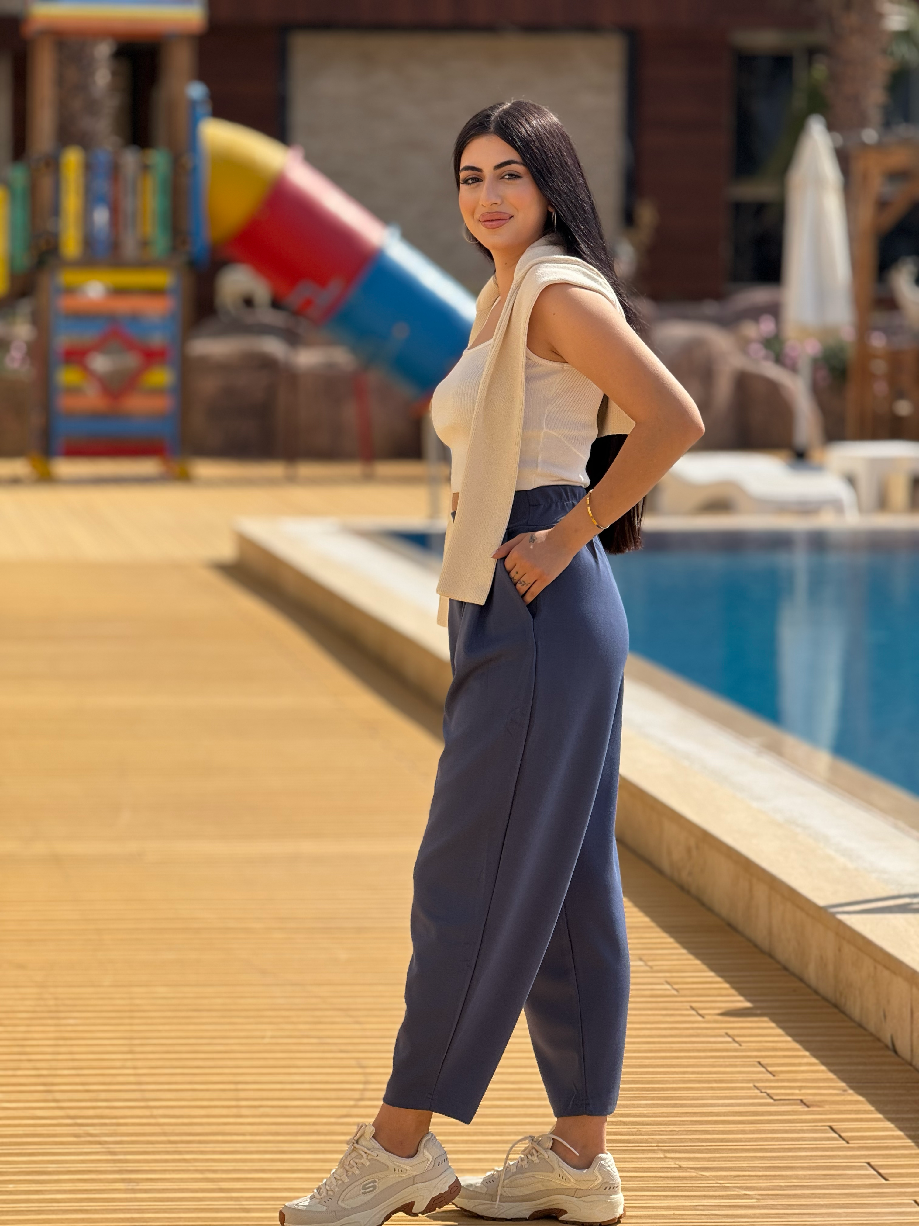 Oysho Kumaş Beli Lastikli Harem Pantalon İndigo