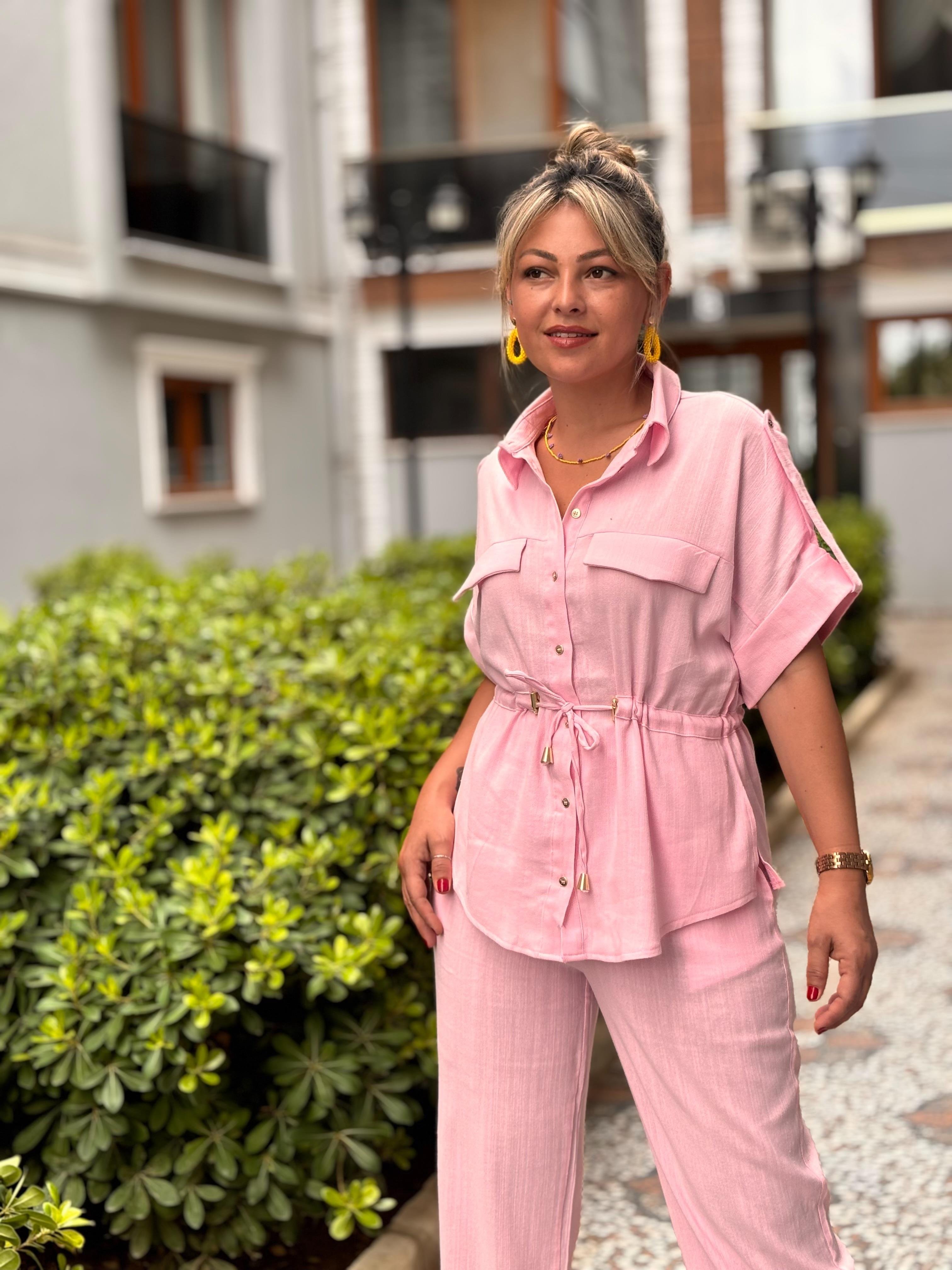 Pamuk Keten Beli Bağlamalı Takım Pembe