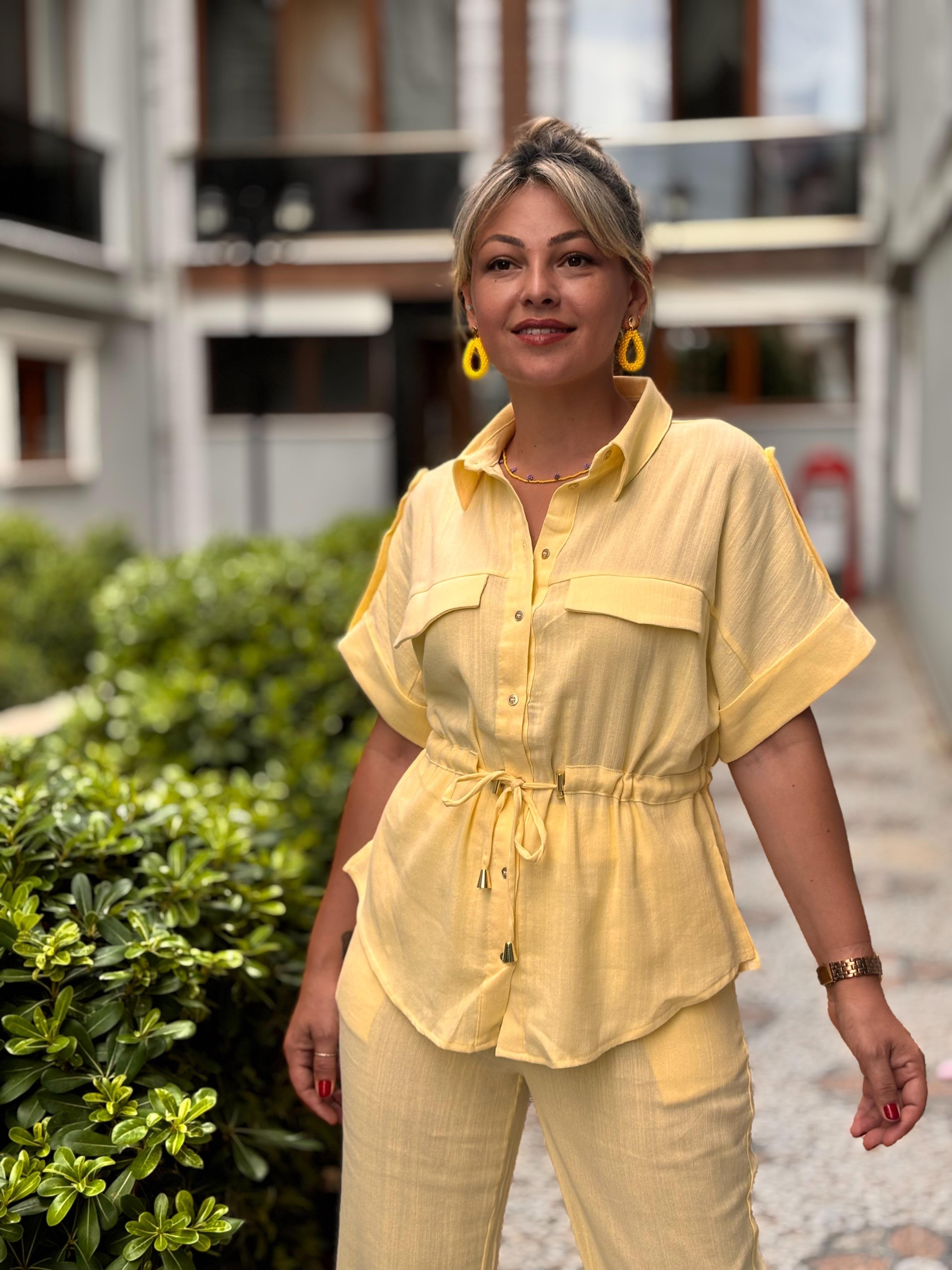 Pamuk Keten Beli Bağlamalı Takım Sarı