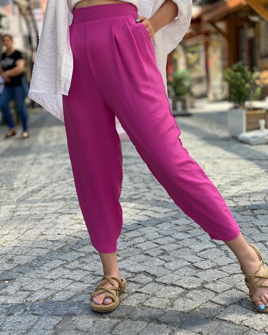 Pembe Bel Lastikli Şalvar Pantalon