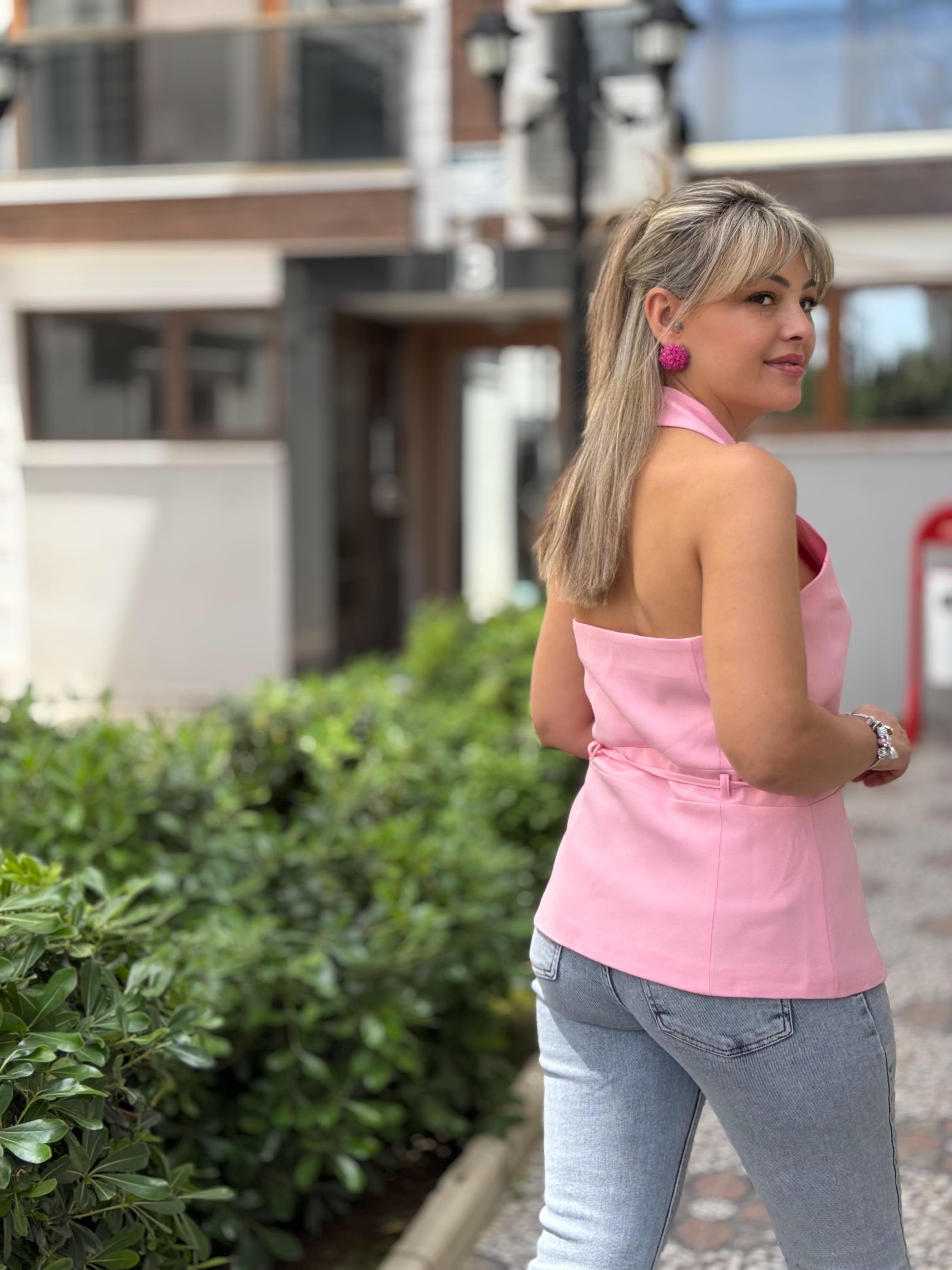 Pembe Boyundan Bağlamalı Yelek