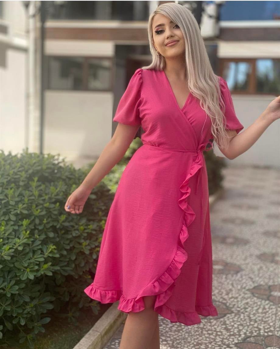 Pembe Etek Ucu Fırfırlı Kruvaze Elbise 