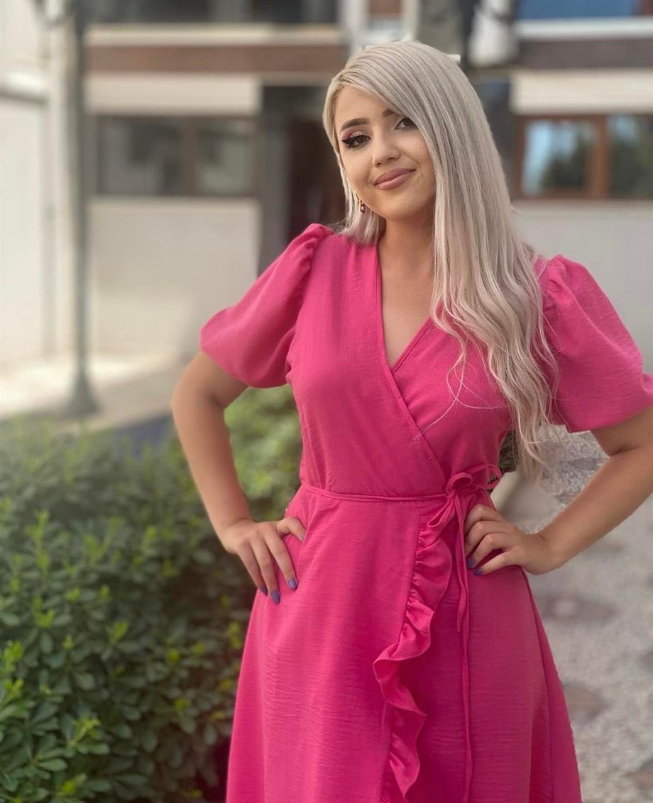 Pembe Etek Ucu Fırfırlı Kruvaze Elbise 
