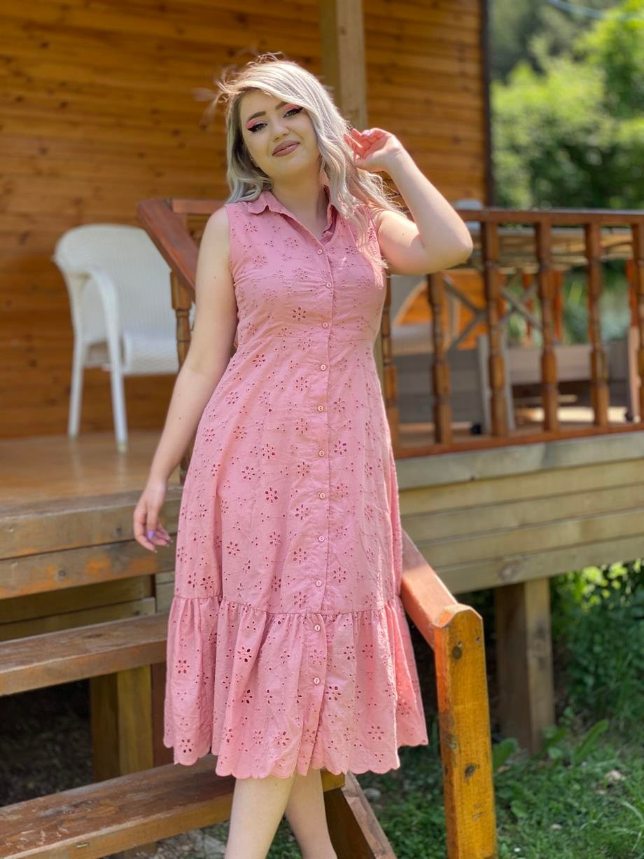 Pembe Gömlek Yaka Güpür Elbise