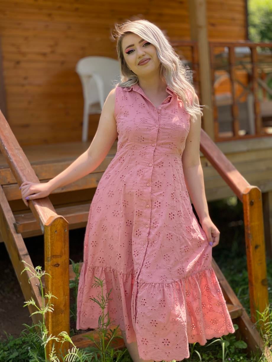 Pembe Gömlek Yaka Güpür Elbise
