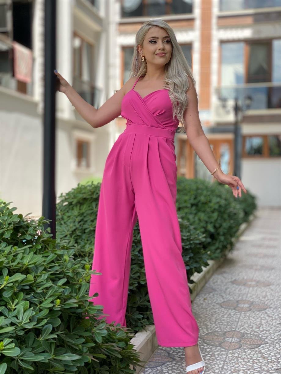 Pembe İp Askılı Kruvaze Yaka Tulum 