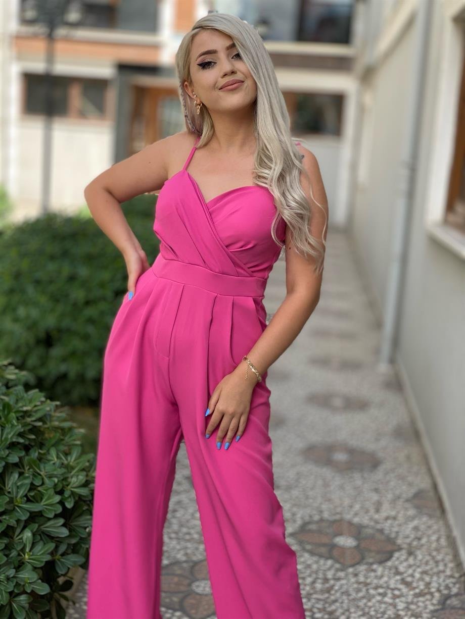 Pembe İp Askılı Kruvaze Yaka Tulum 