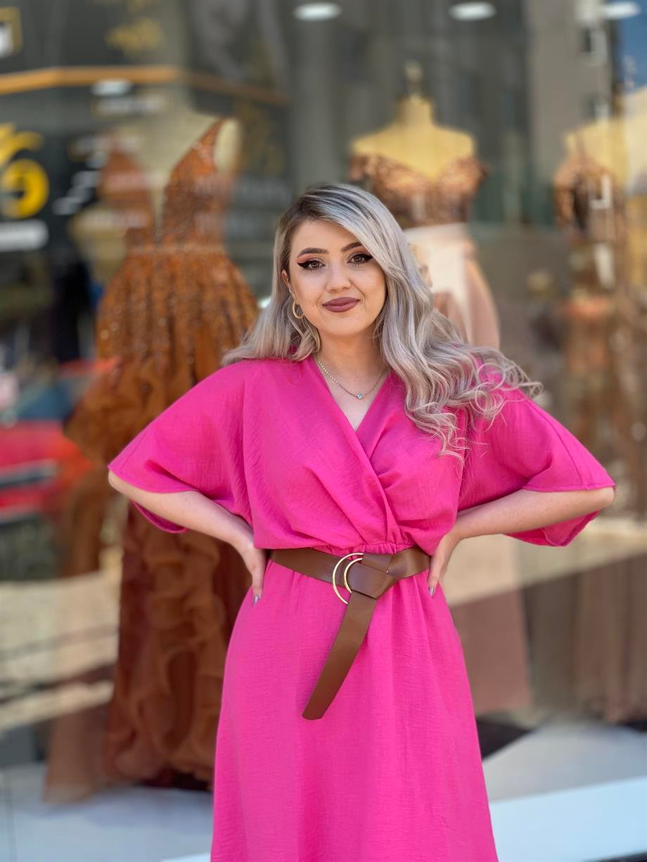 Pembe Keten Kemerli Elbise 