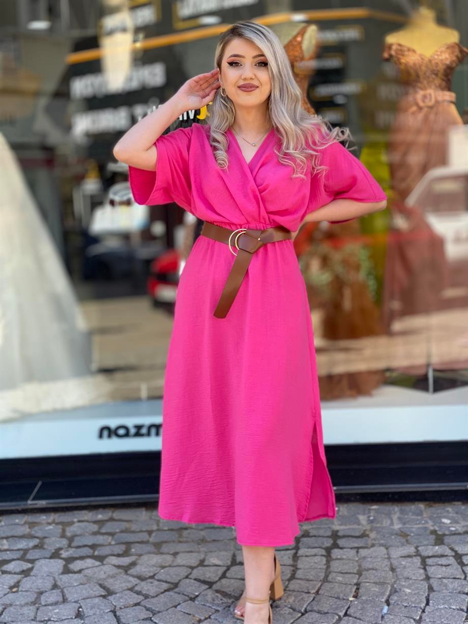 Pembe Keten Kemerli Elbise 