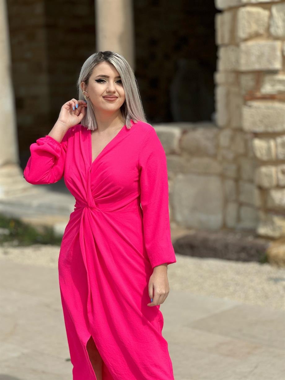 Pembe Omuz Vatkalı Ön Detayı Düğümlü Elbise