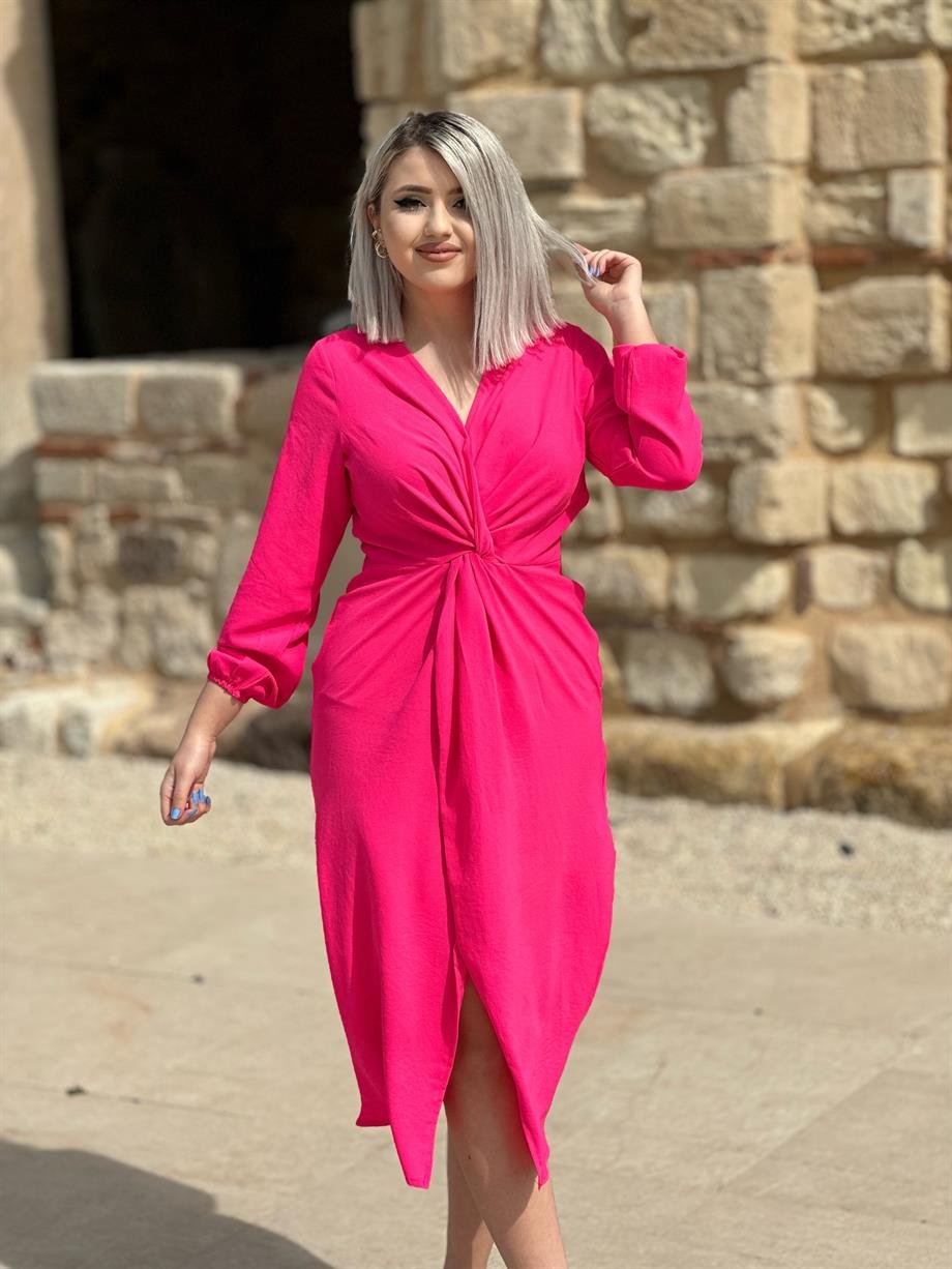 Pembe Omuz Vatkalı Ön Detayı Düğümlü Elbise