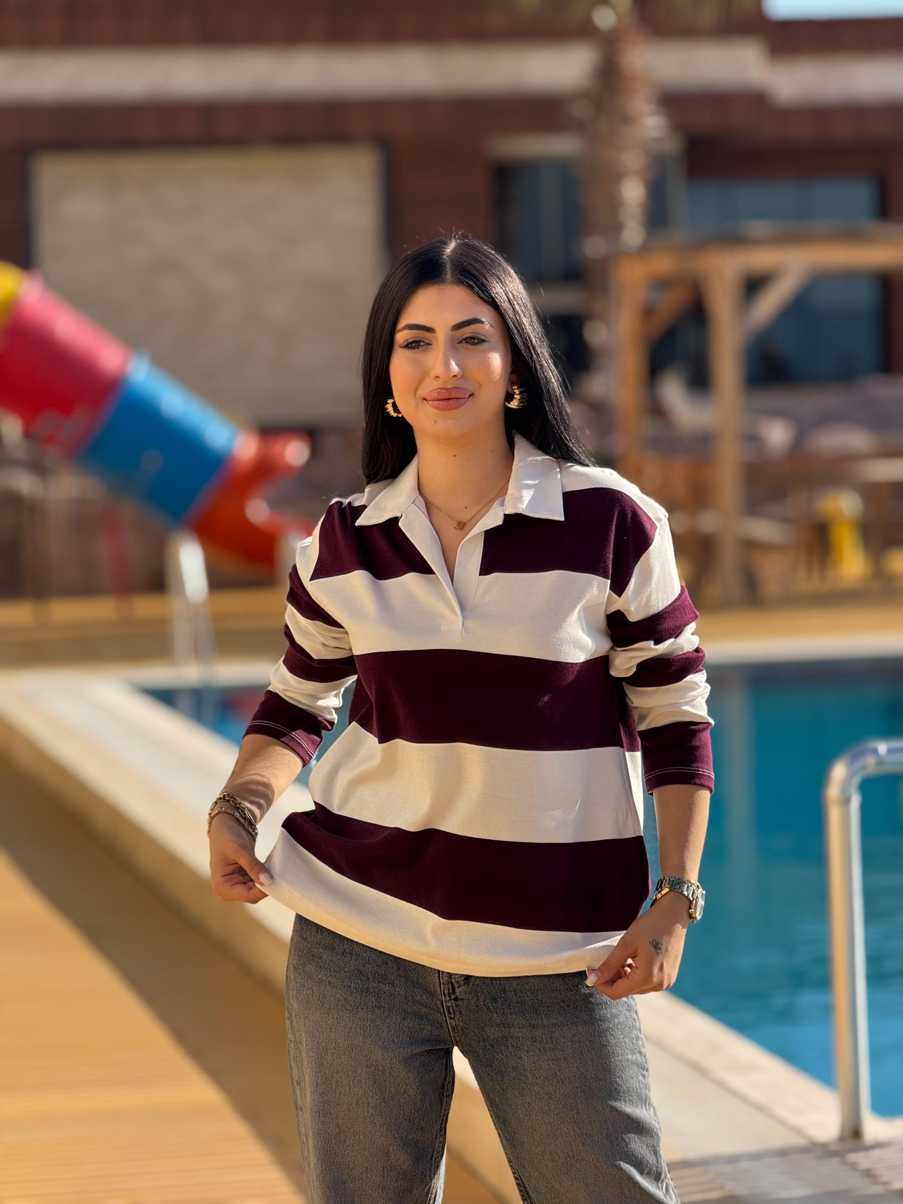 Polo Yaka Ekru Bordo Basic Bluz