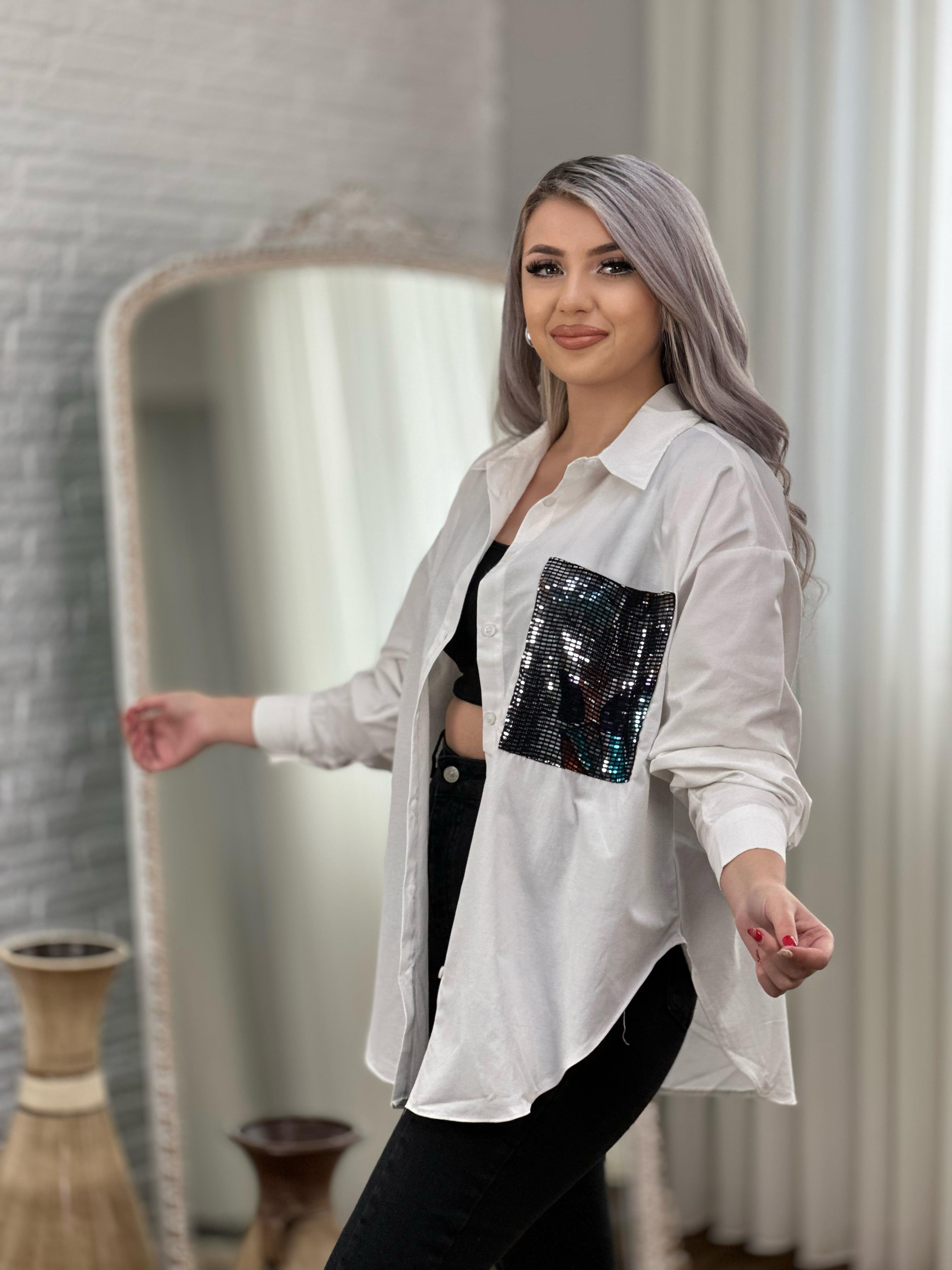 Poplin Cep Detayı Payetli Gömlek
