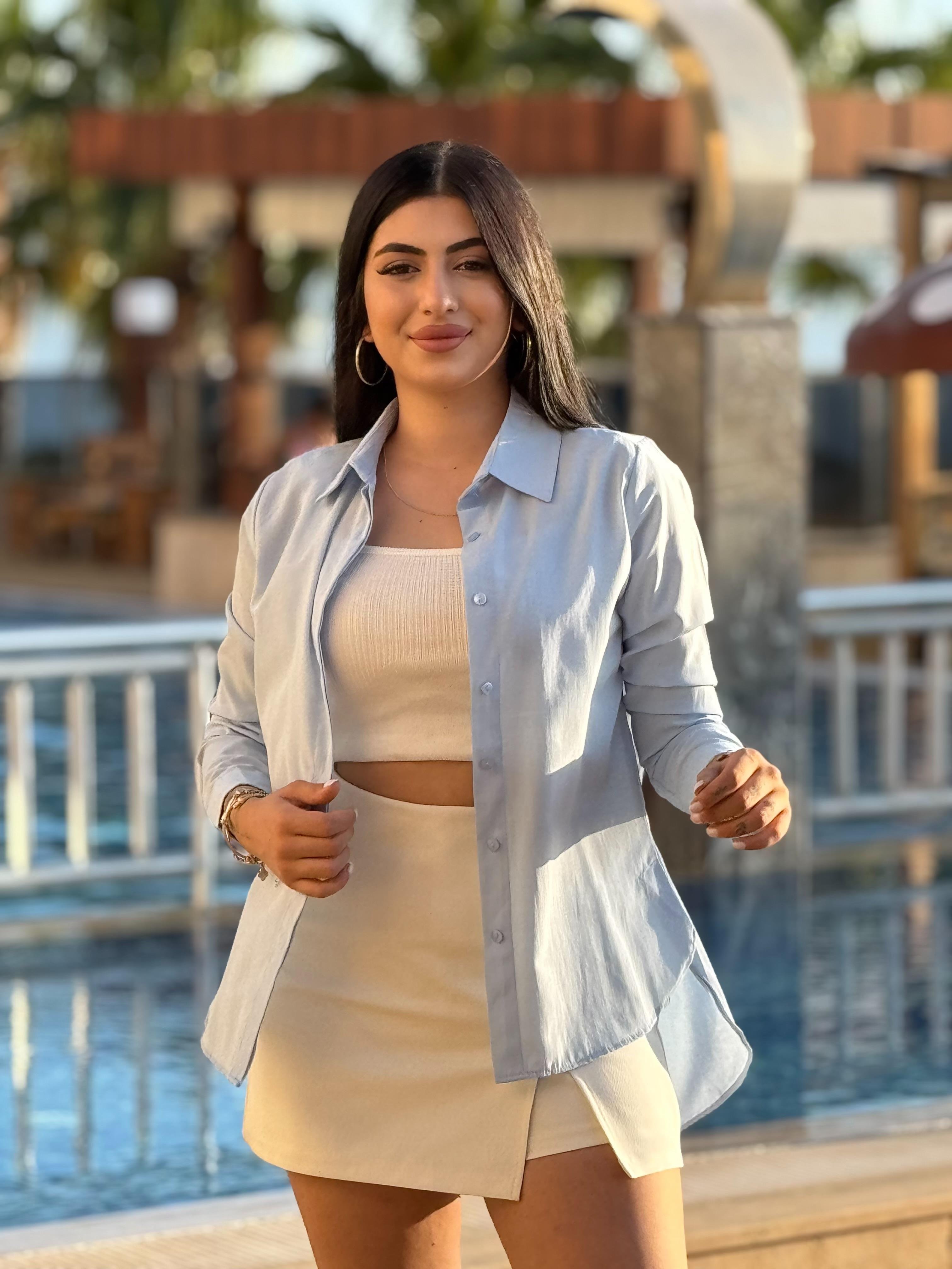 Poplin Yırtmaçlı Gömlek Mavi