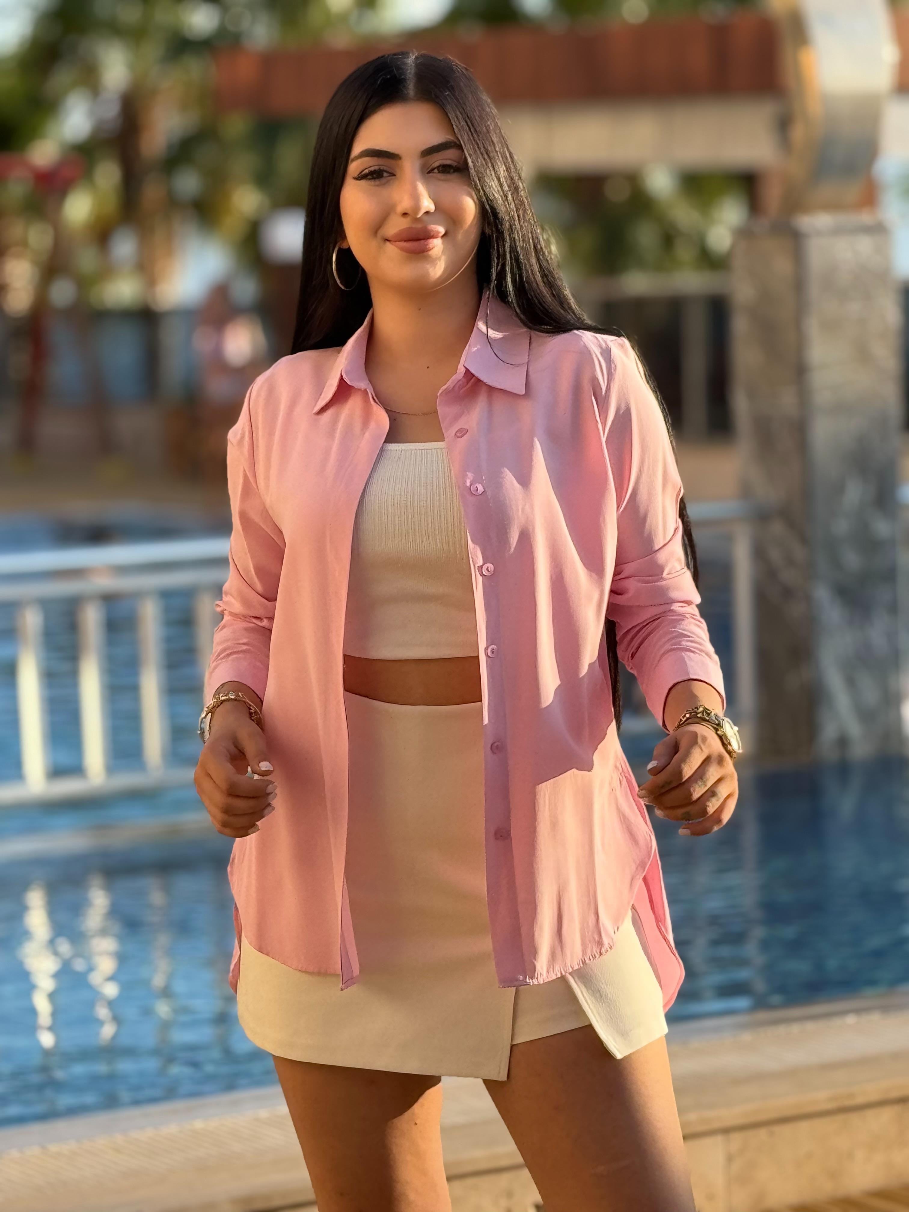 Poplin Yırtmaçlı Gömlek Pembe