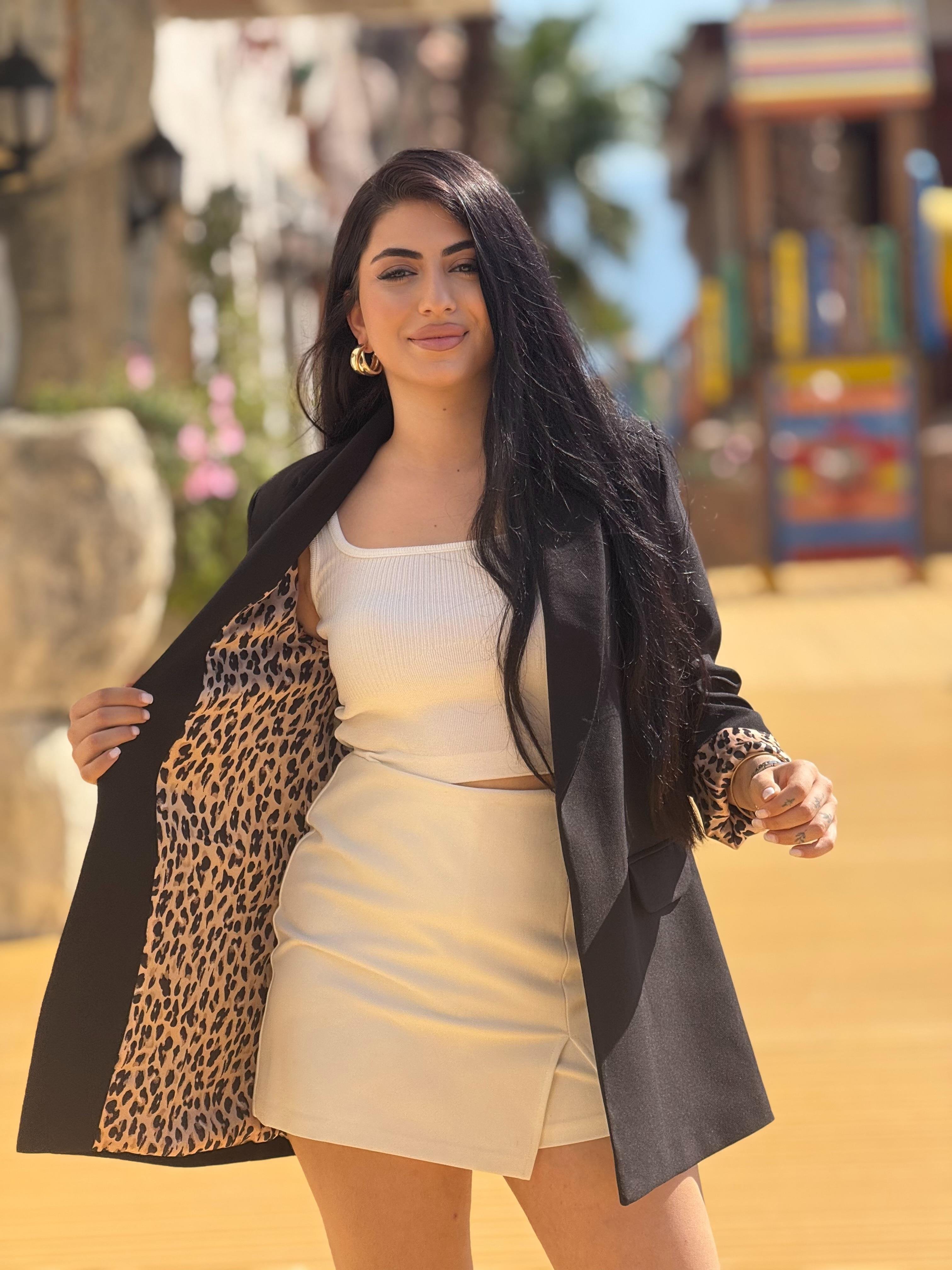 Premium Kalite Leopar Astarlı Duble Kumaş Blazer Ceket Siyah