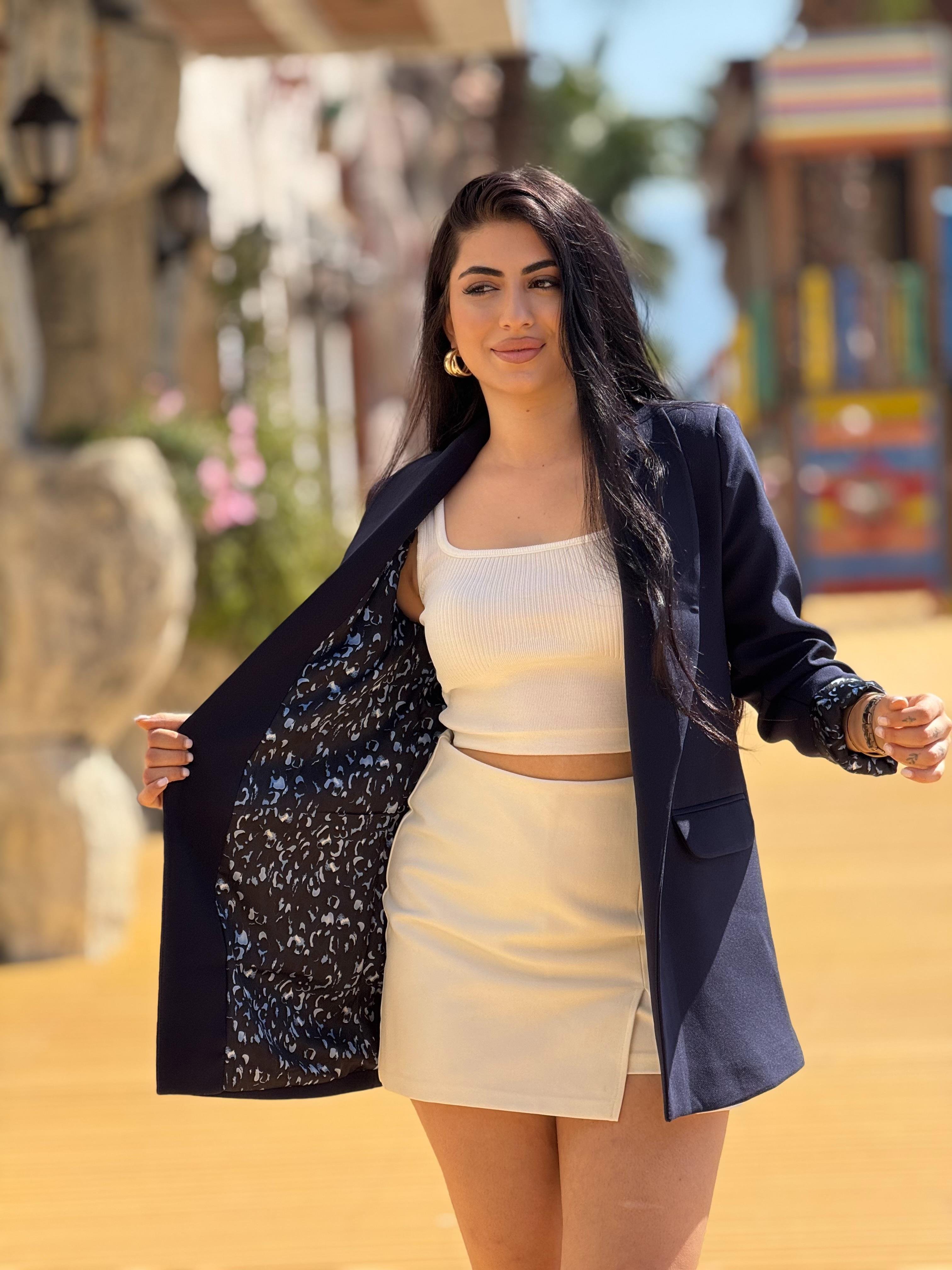 Premium Kalite Leopar Astarlı Duble Kumaş Blazer Ceket Lacivert