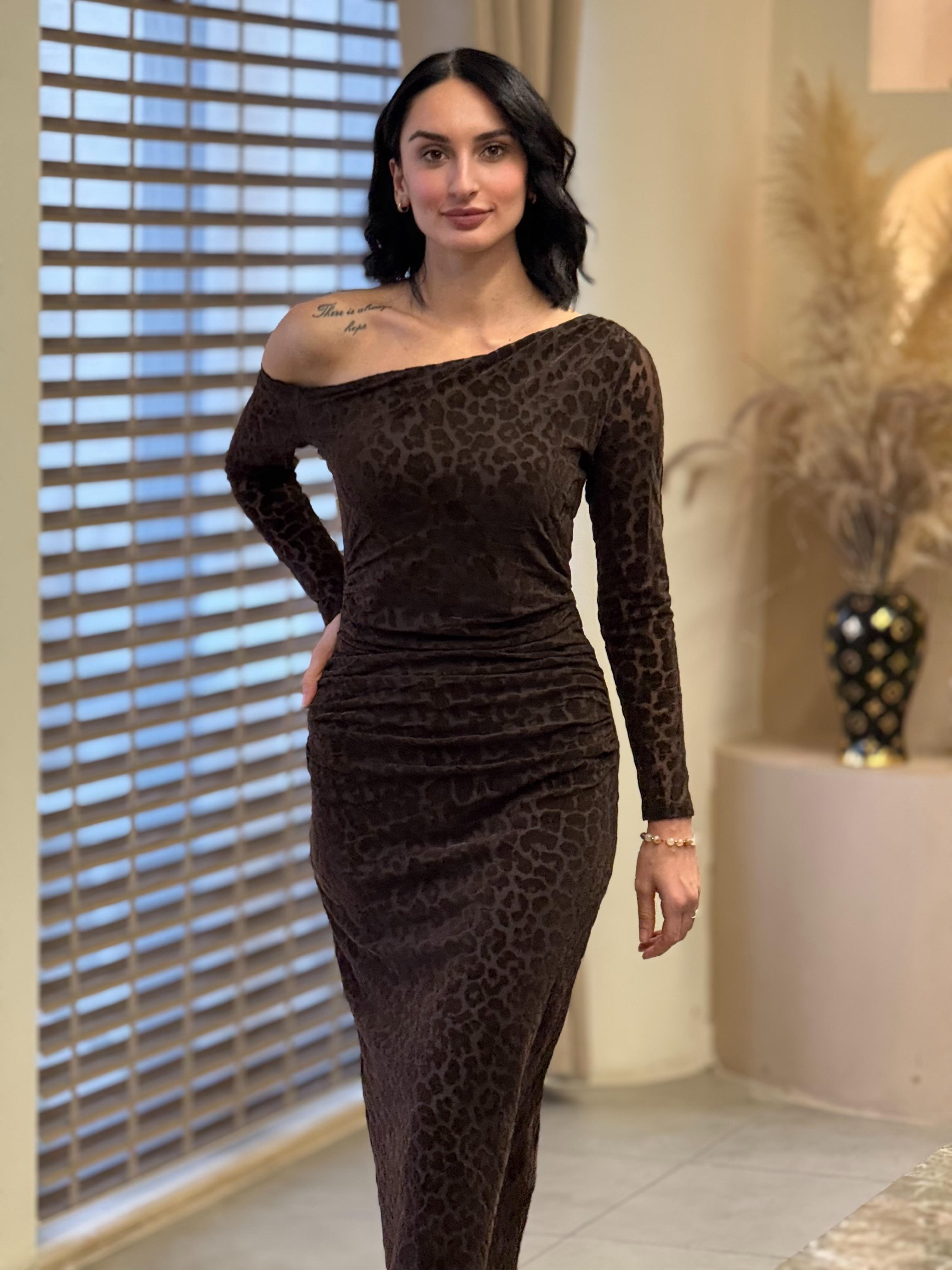 Premium Seri Leopar Desen Kahve Elbise