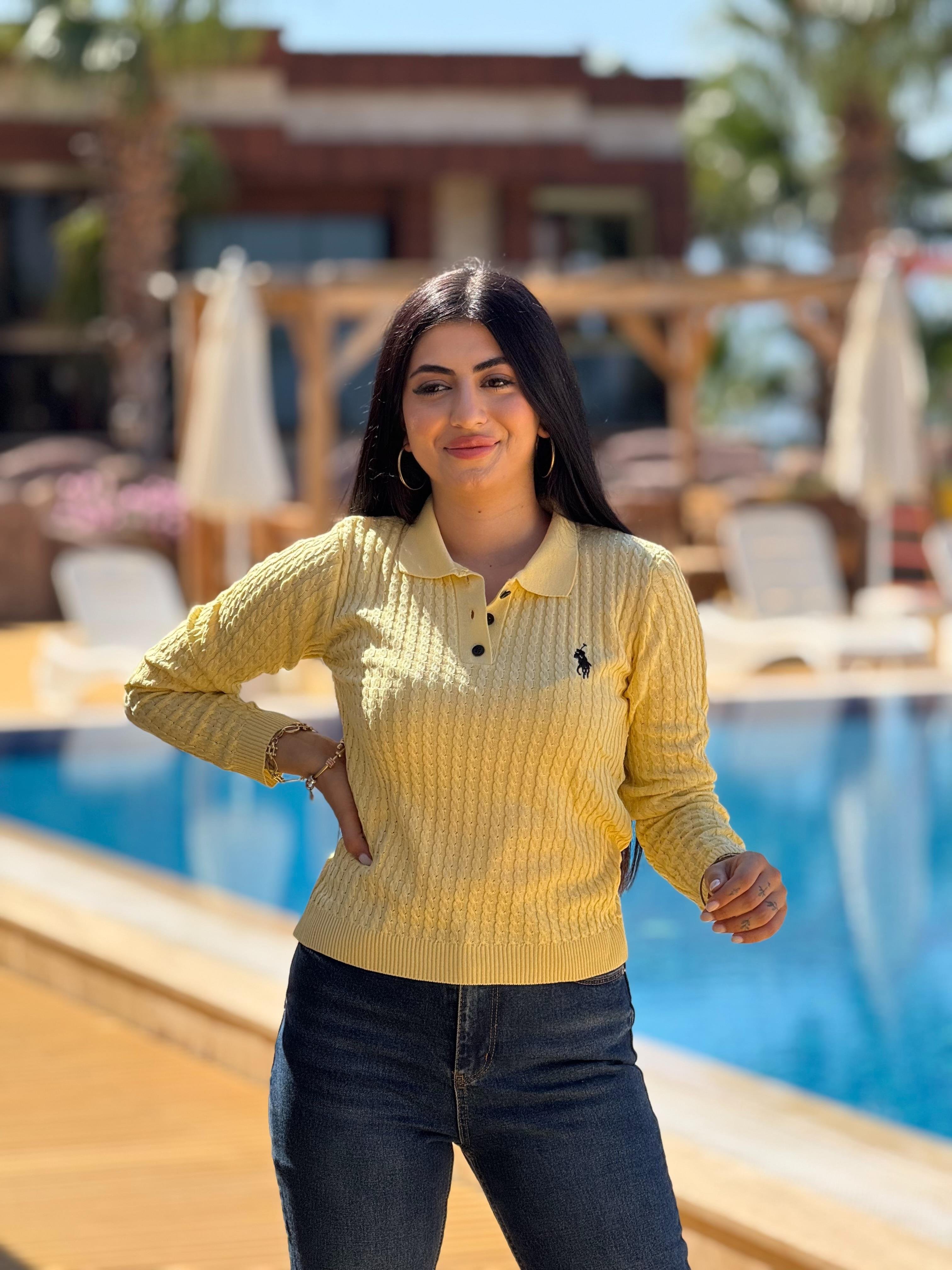 Saç Örgü Polo Yaka Basic Sarı