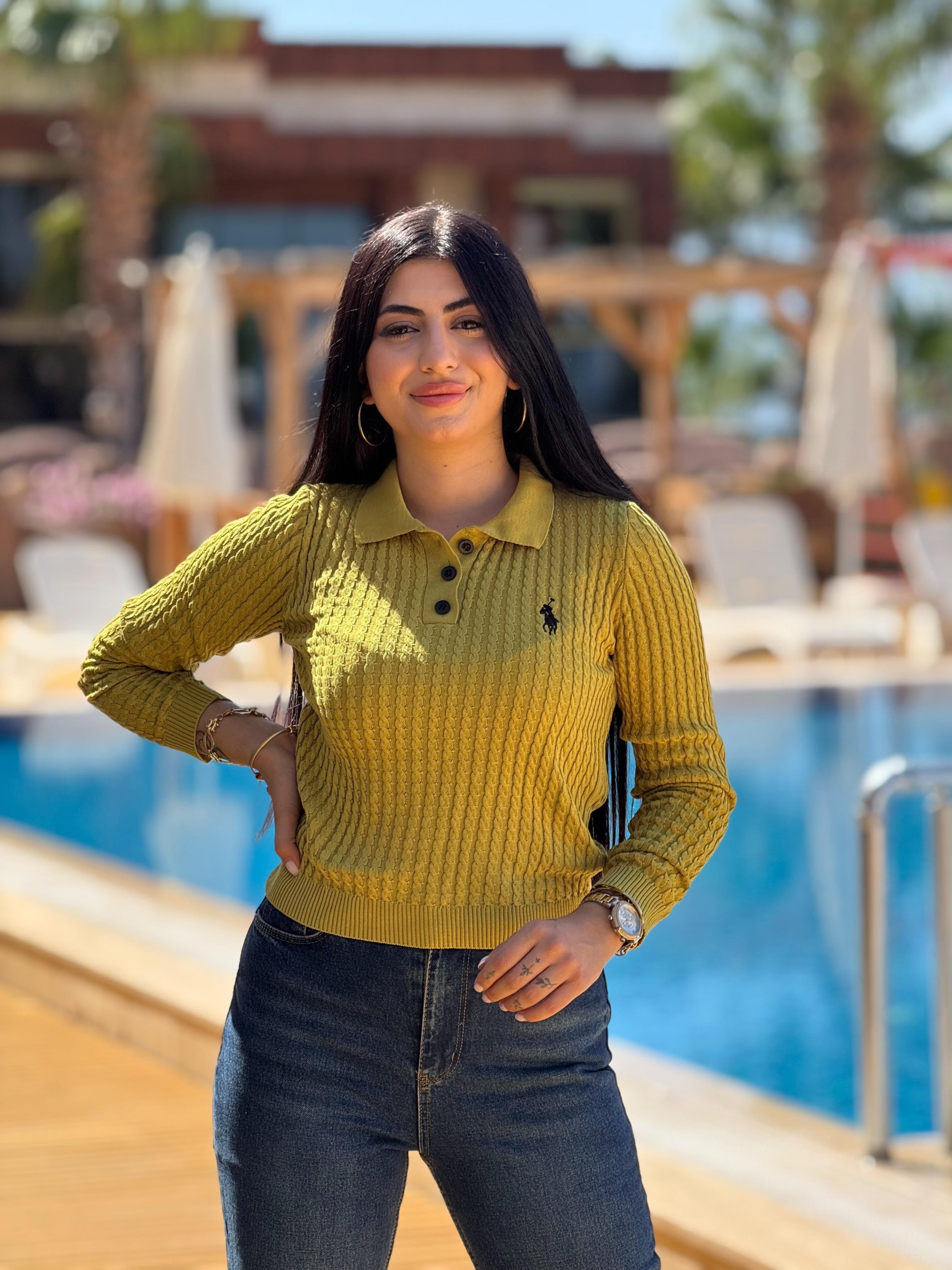 Saçı Örgü Polo Yaka Basic Yağ Yeşili