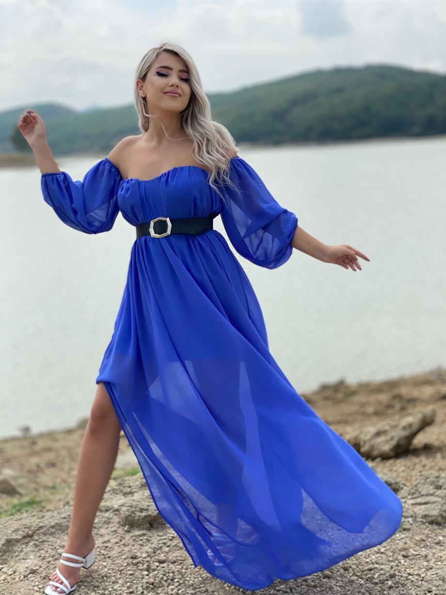 Saks Balon Kol Tasarım Kemerli Şifon Elbise