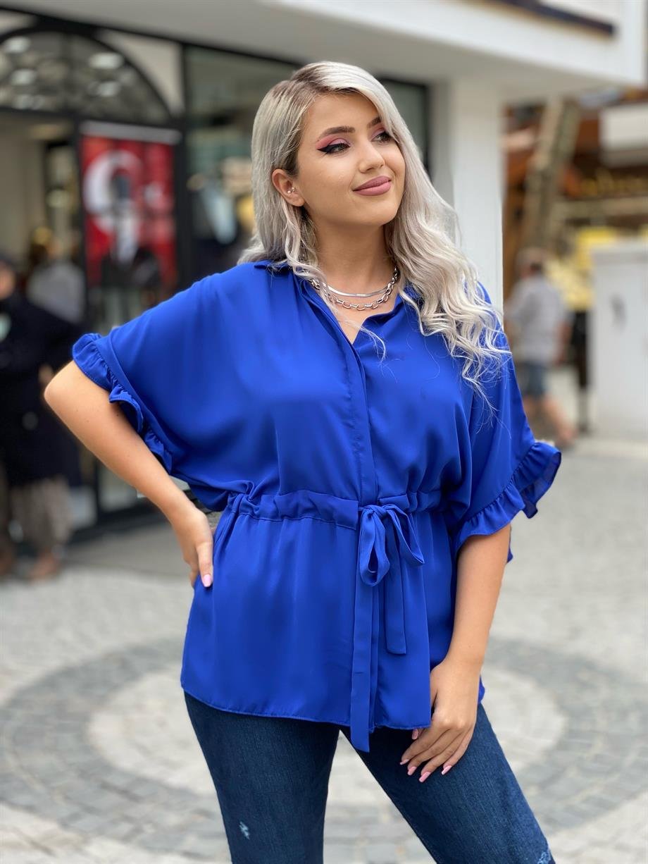 Saks Mavi Bel Büzgülü Bluz 