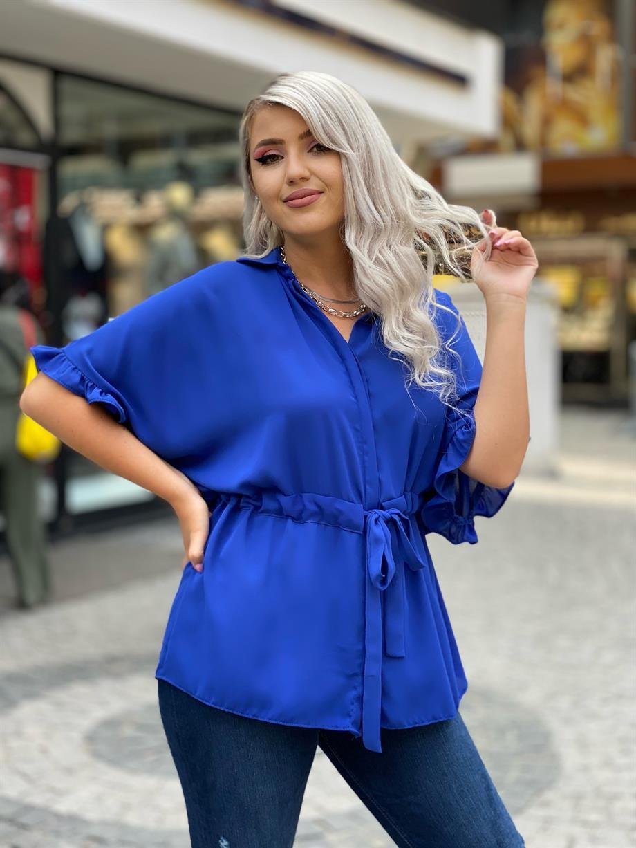 Saks Mavi Bel Büzgülü Bluz 