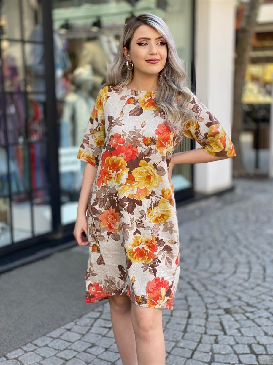 Sarı Güllü Keten Elbise
