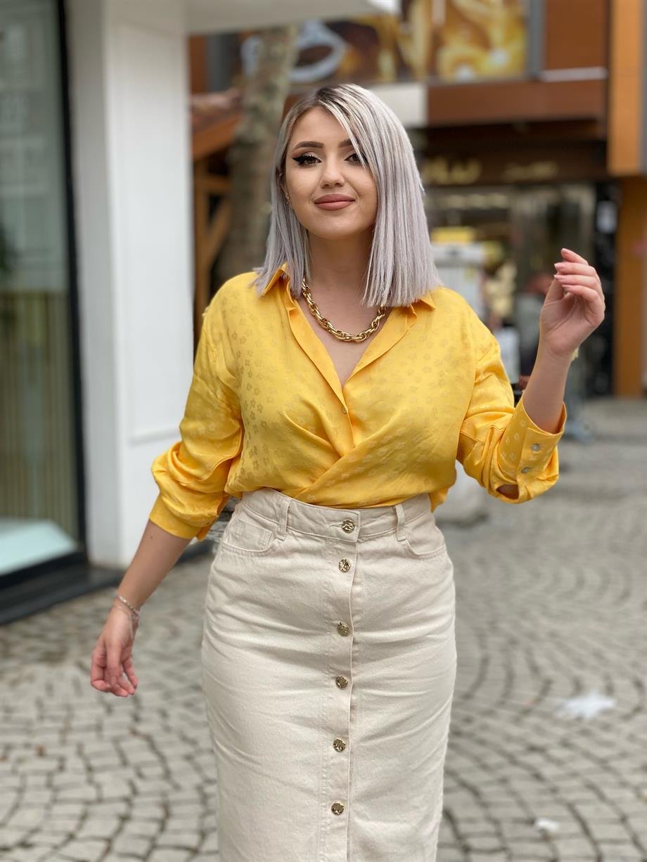 Sarı Jakarlı Çiçek Desen Saten Gömlek