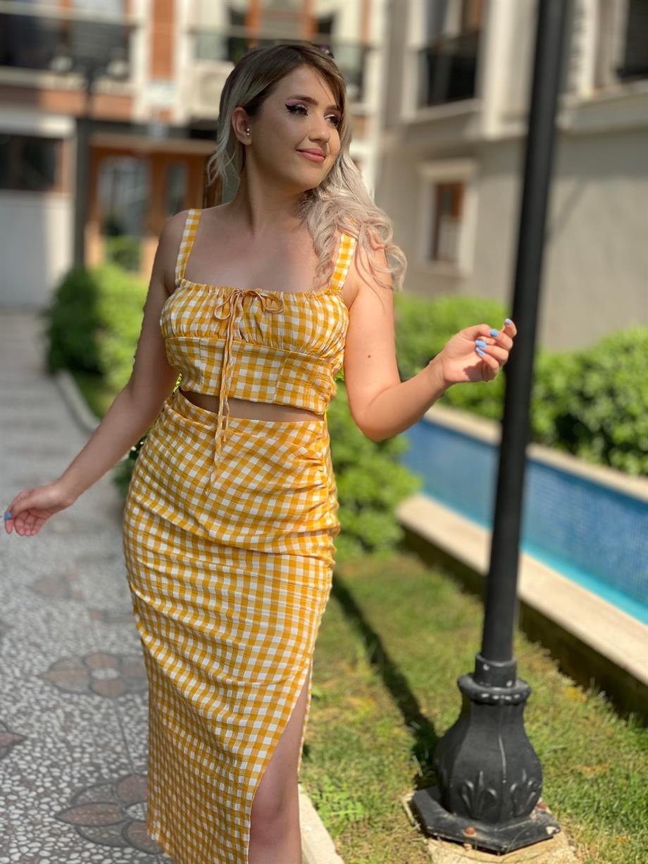 Sarı Piti Kareli Crop 