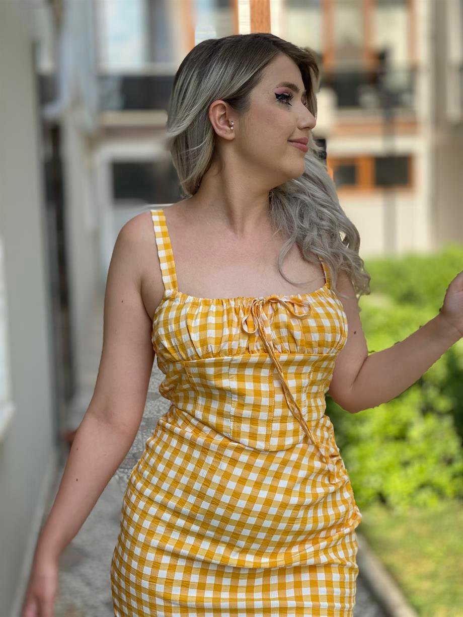 Sarı Piti Kareli Crop 