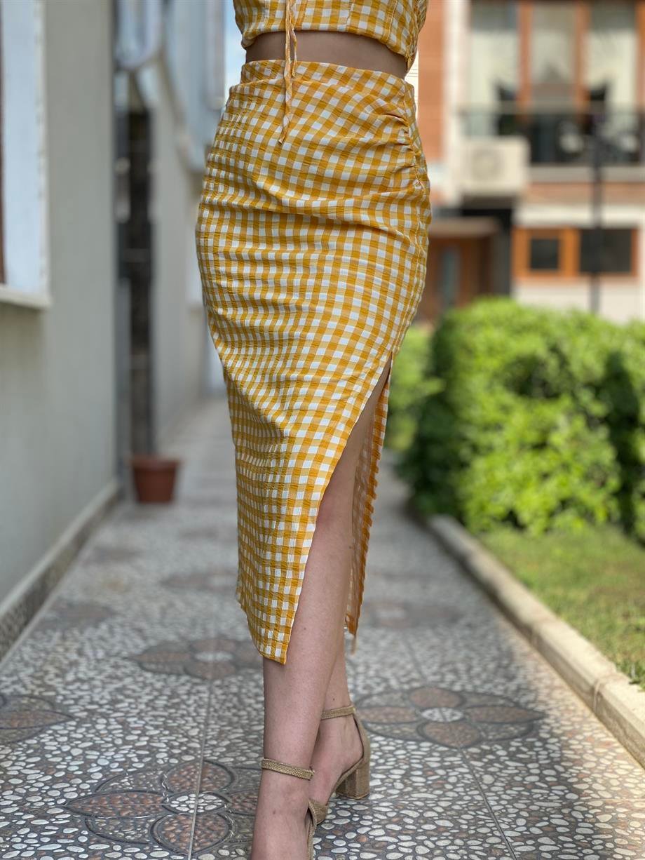 Sarı Pitikareli, Bel Drape Detaylı Etek