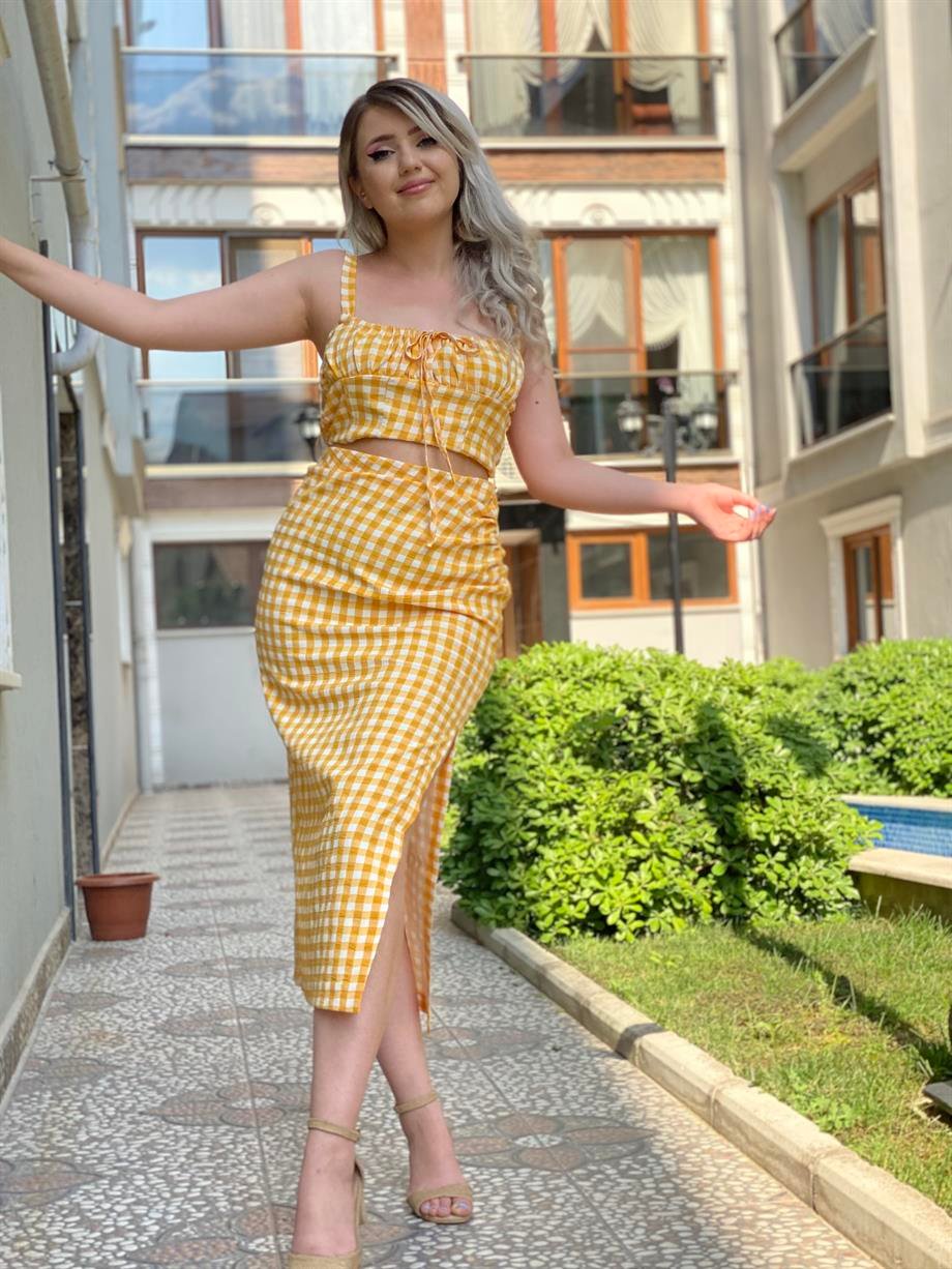 Sarı Pitikareli, Bel Drape Detaylı Etek