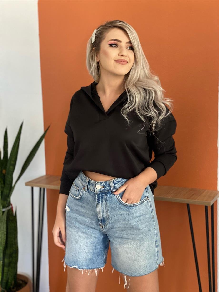 Scuba Kumaş Siyah Kapüşonlu Sweat