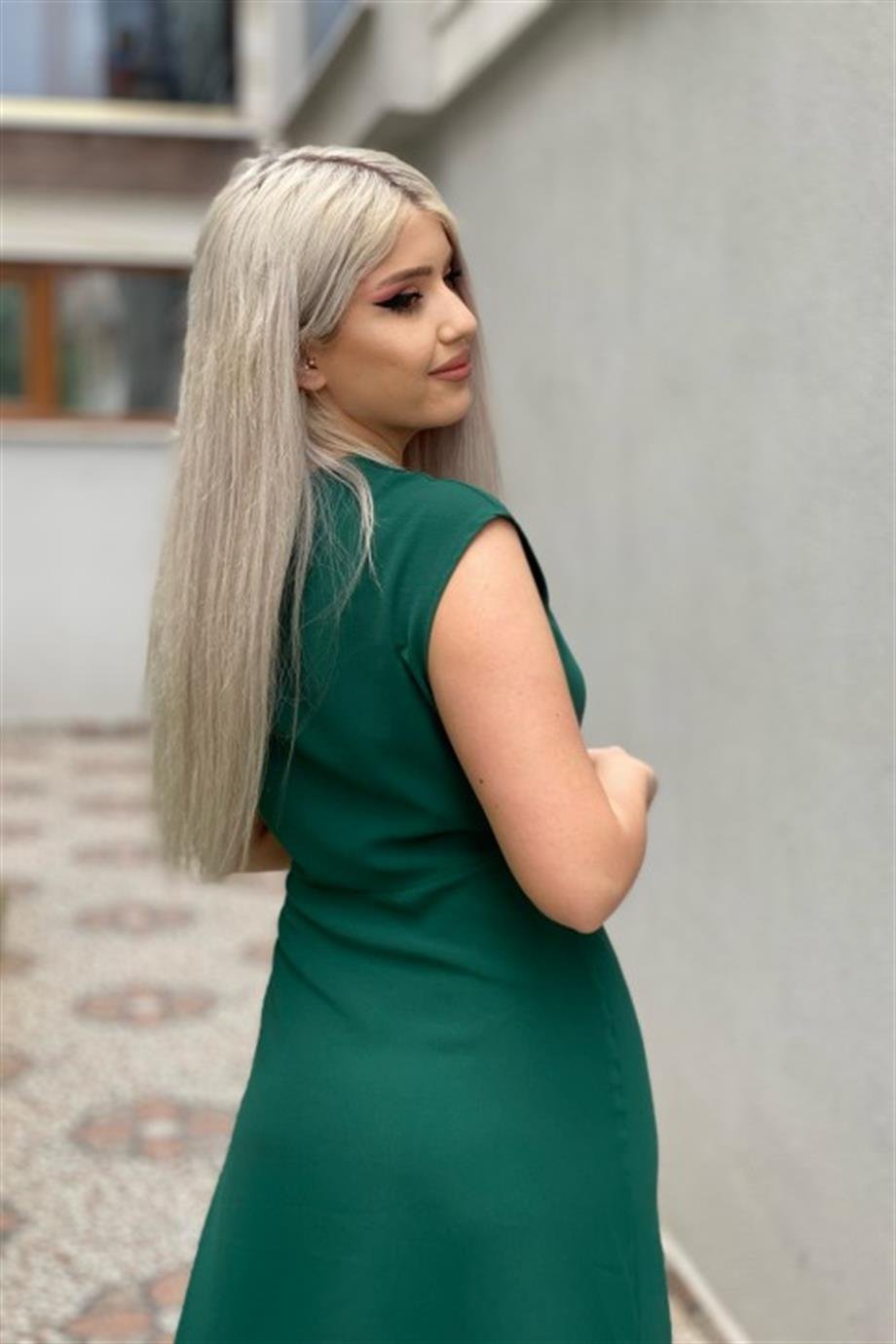 Sıfır Kol Haki Zümrüt Kruvaze Elbise