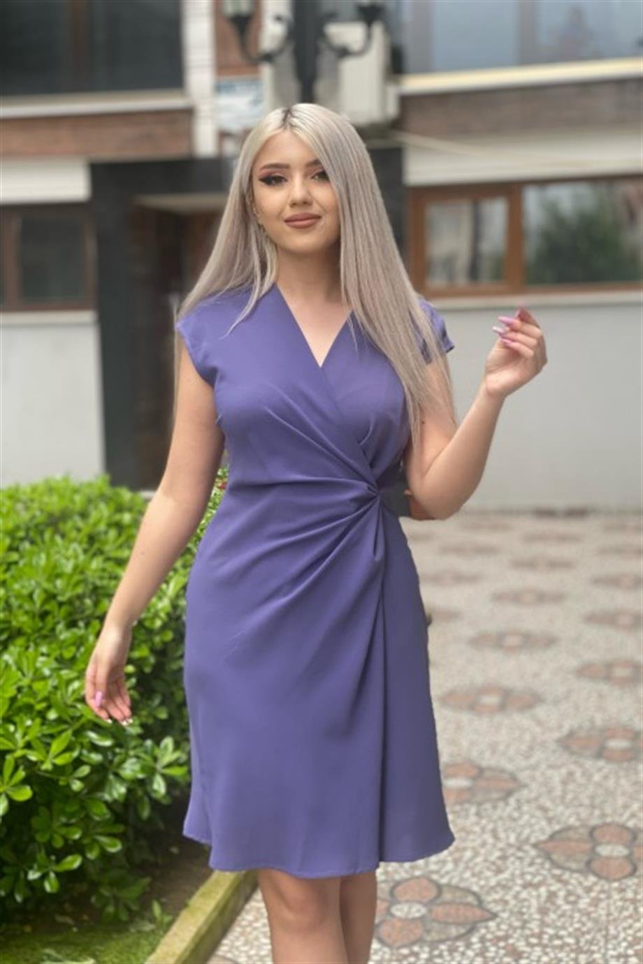 Sıfır Kol Kruvaze Lila Elbise