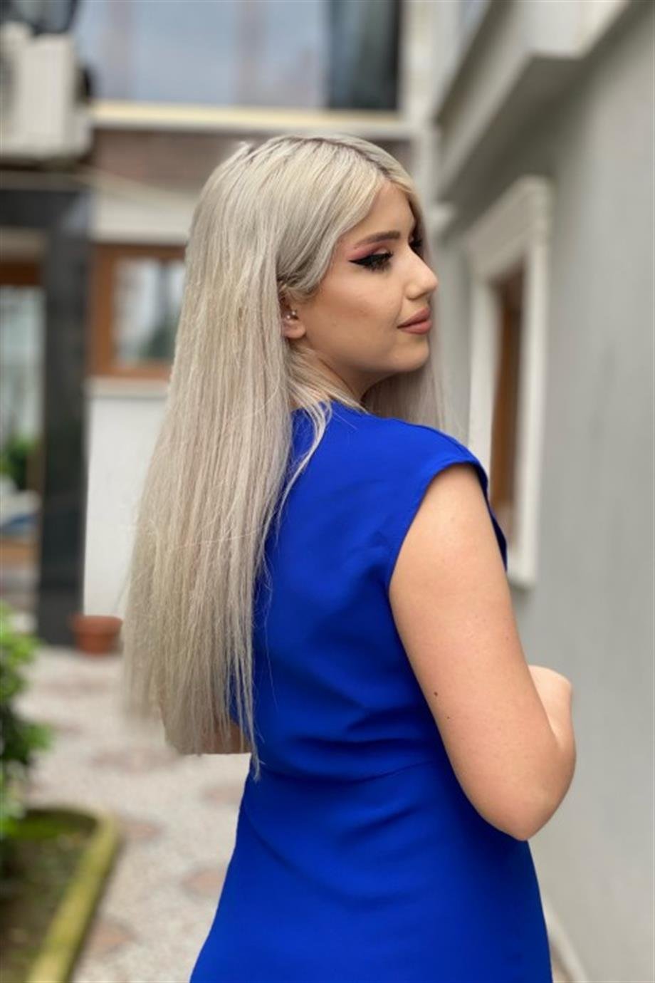 Sıfır Kol Kruvaze Saks Elbise