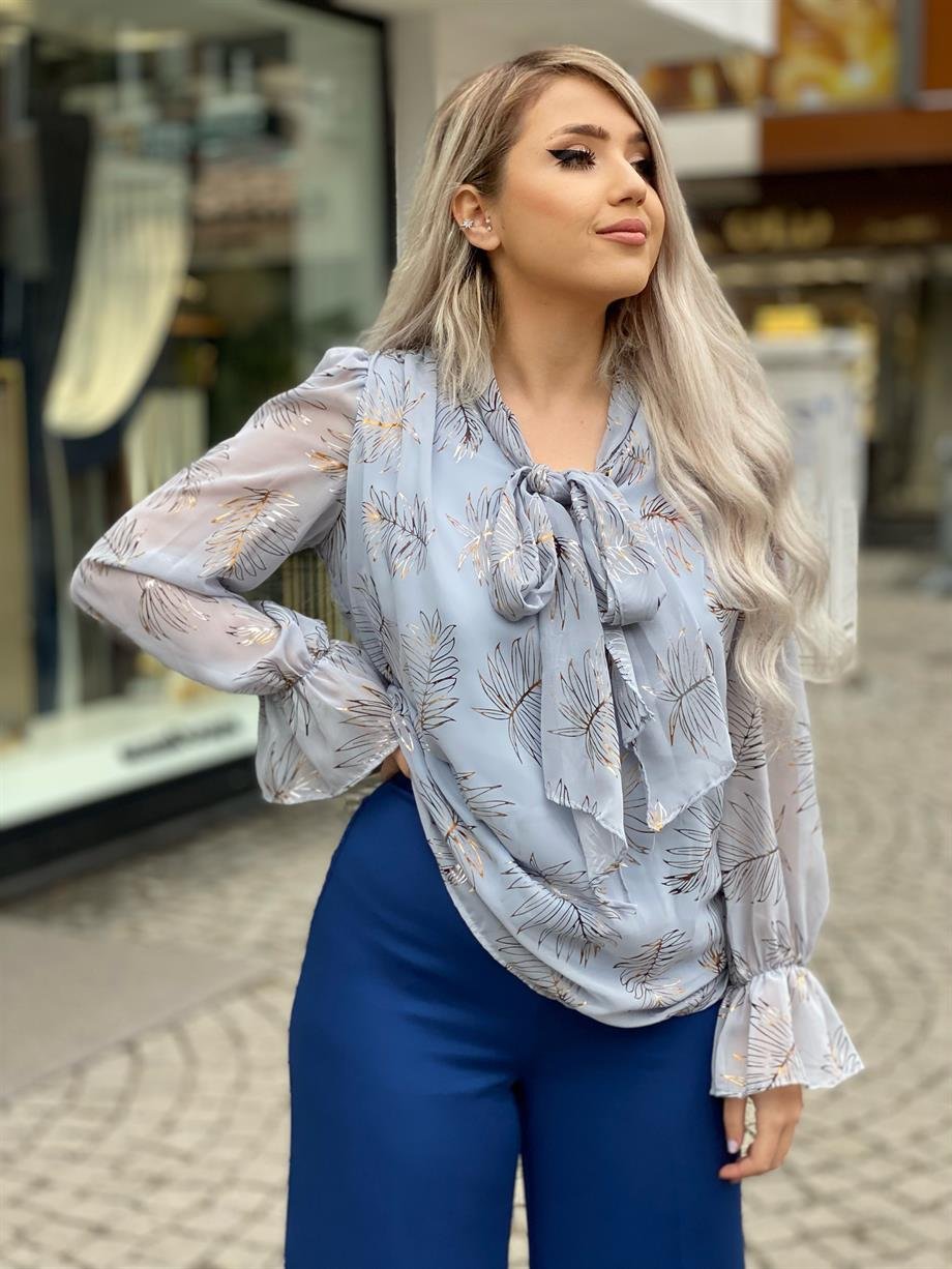 Şifon Baskılı Fularlı Bluz
