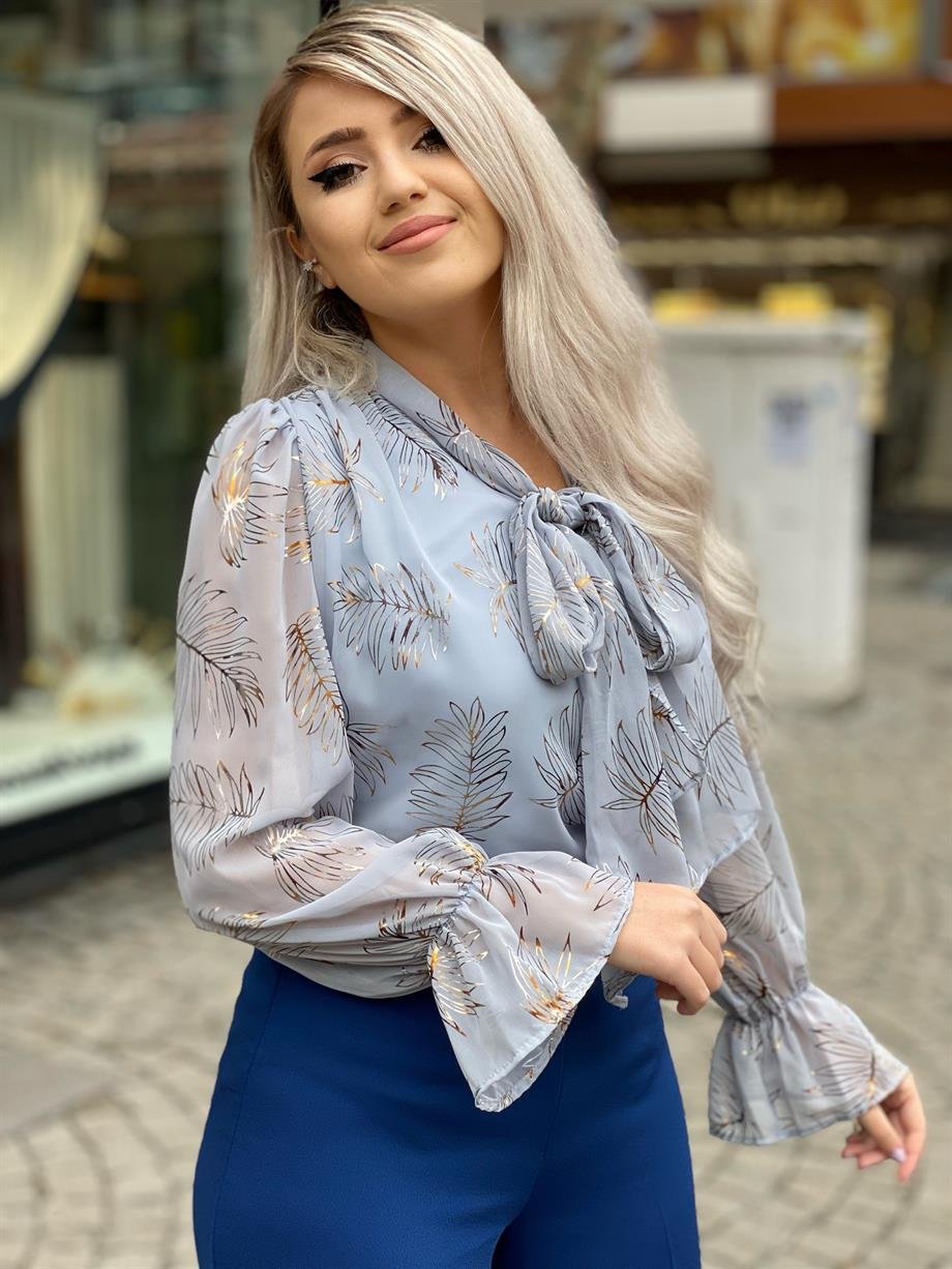 Şifon Baskılı Fularlı Bluz