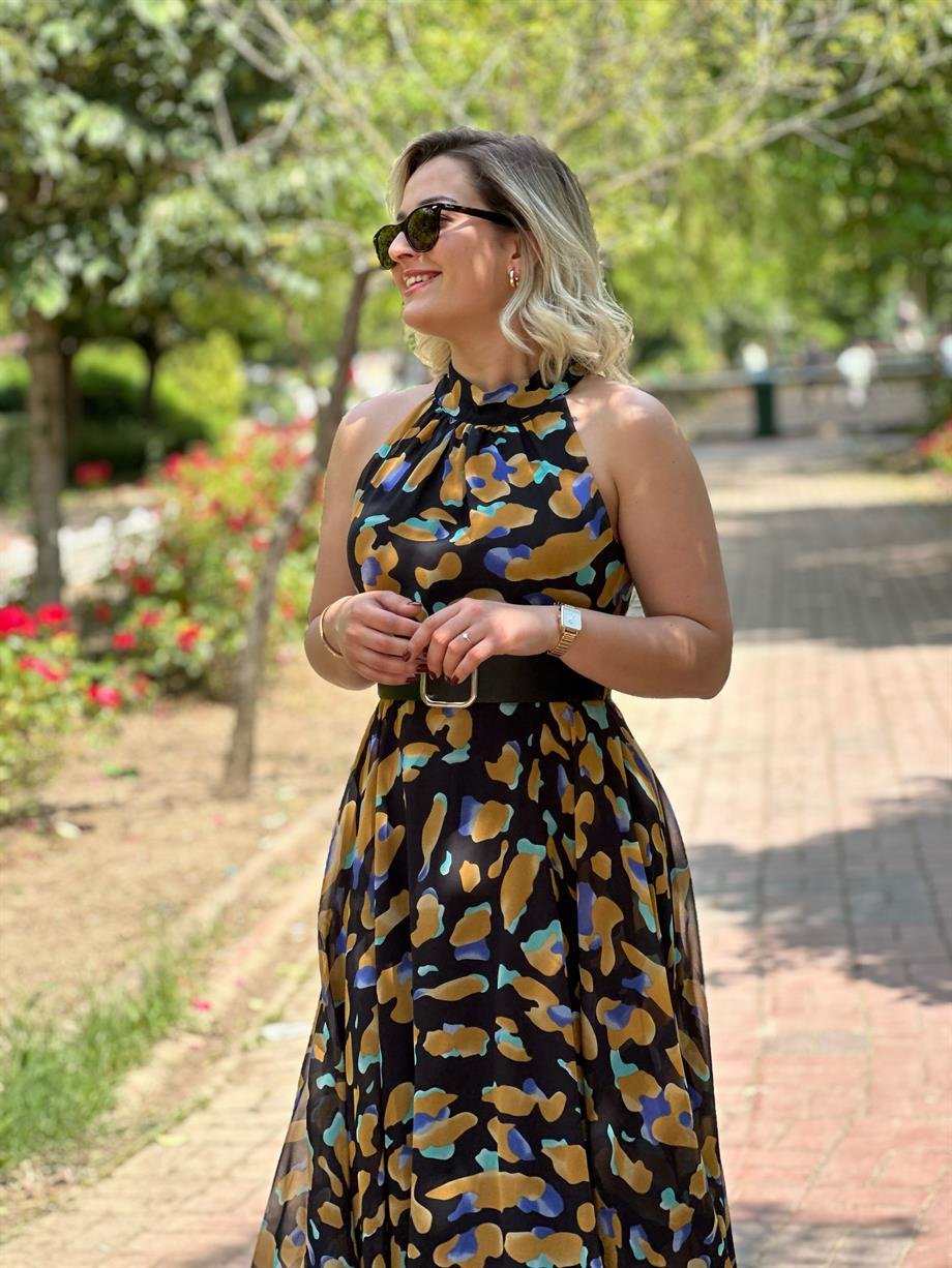 Şifon Halter Yaka Damla Desen Elbise
