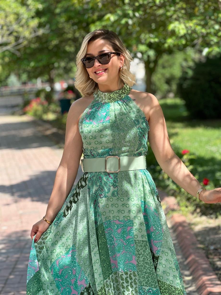 Şifon Halter Yaka Su Yeşili Elbise