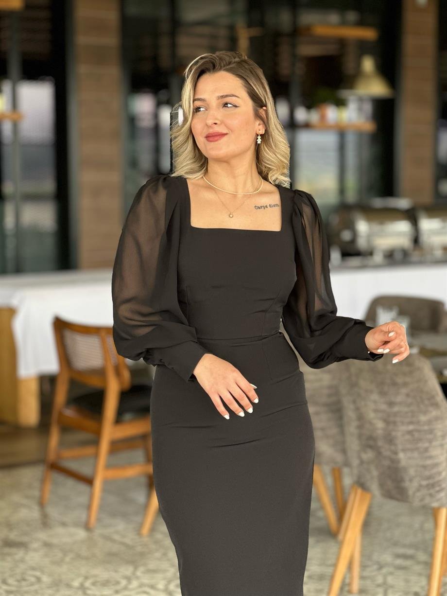Şifon Kollu Siyah Elbise