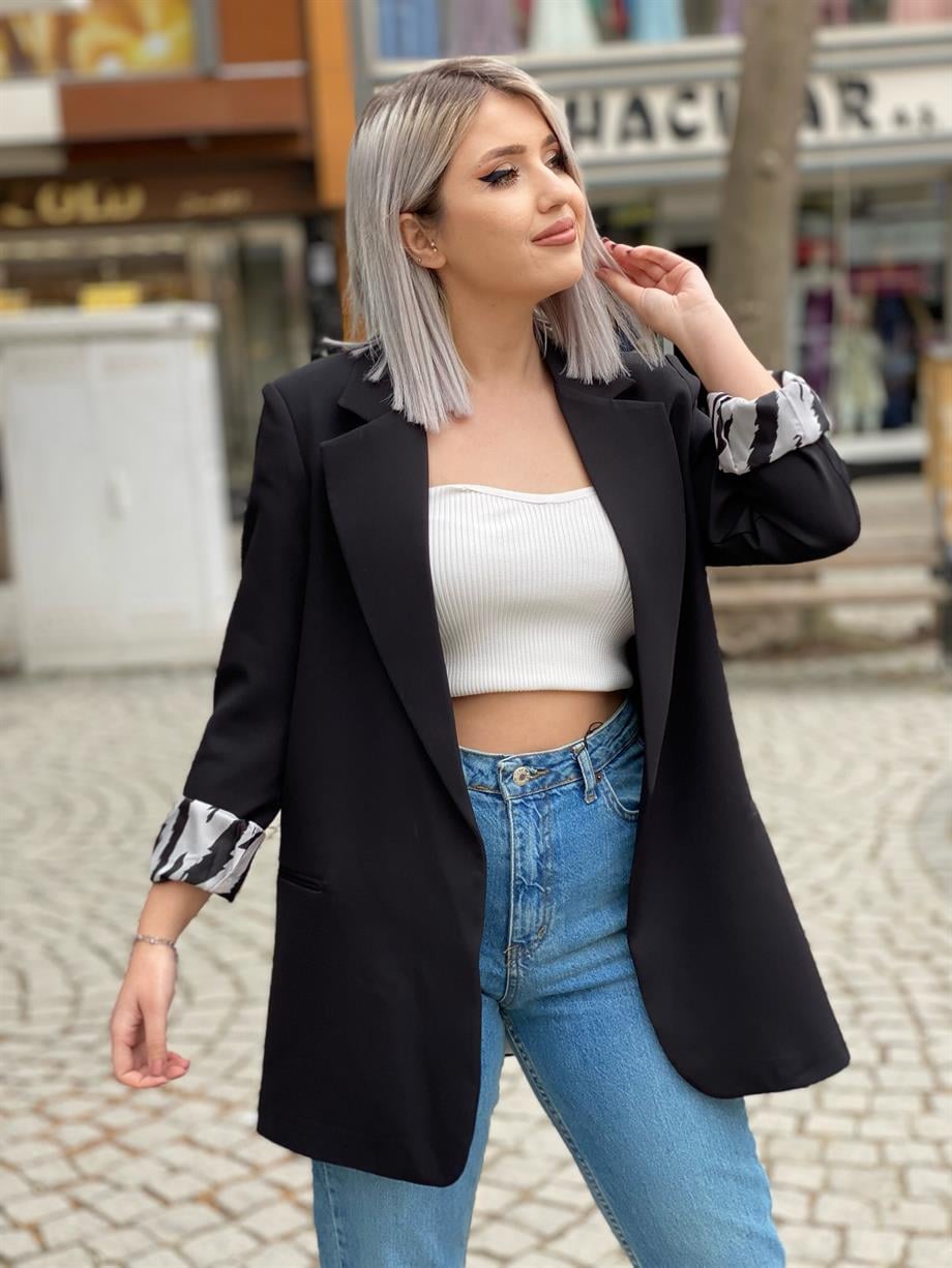 Siyah Astarı Zebra Desen Blazer