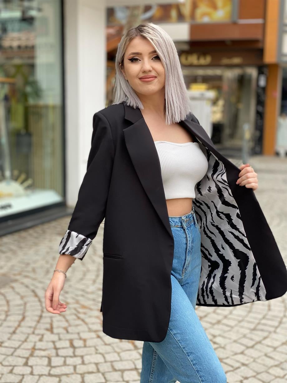 Siyah Astarı Zebra Desen Blazer