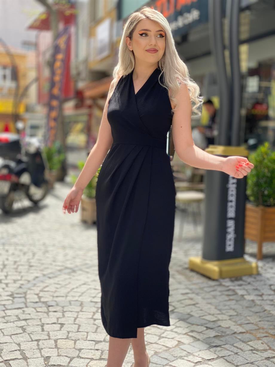 Siyah Ayrobin Keten Kapaklı Elbise
