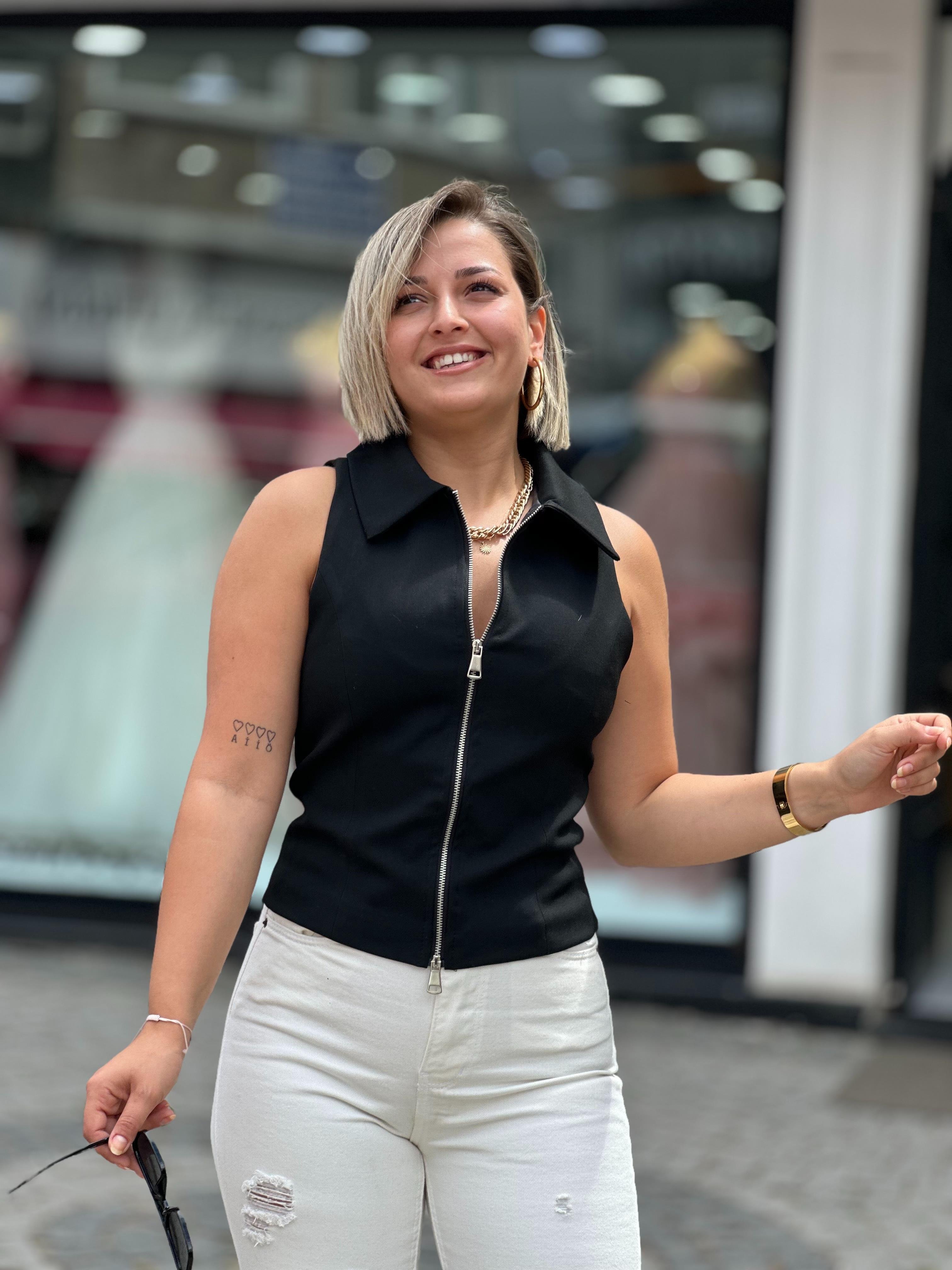 Siyah Çift Fermuarlı Yelek Bluz 